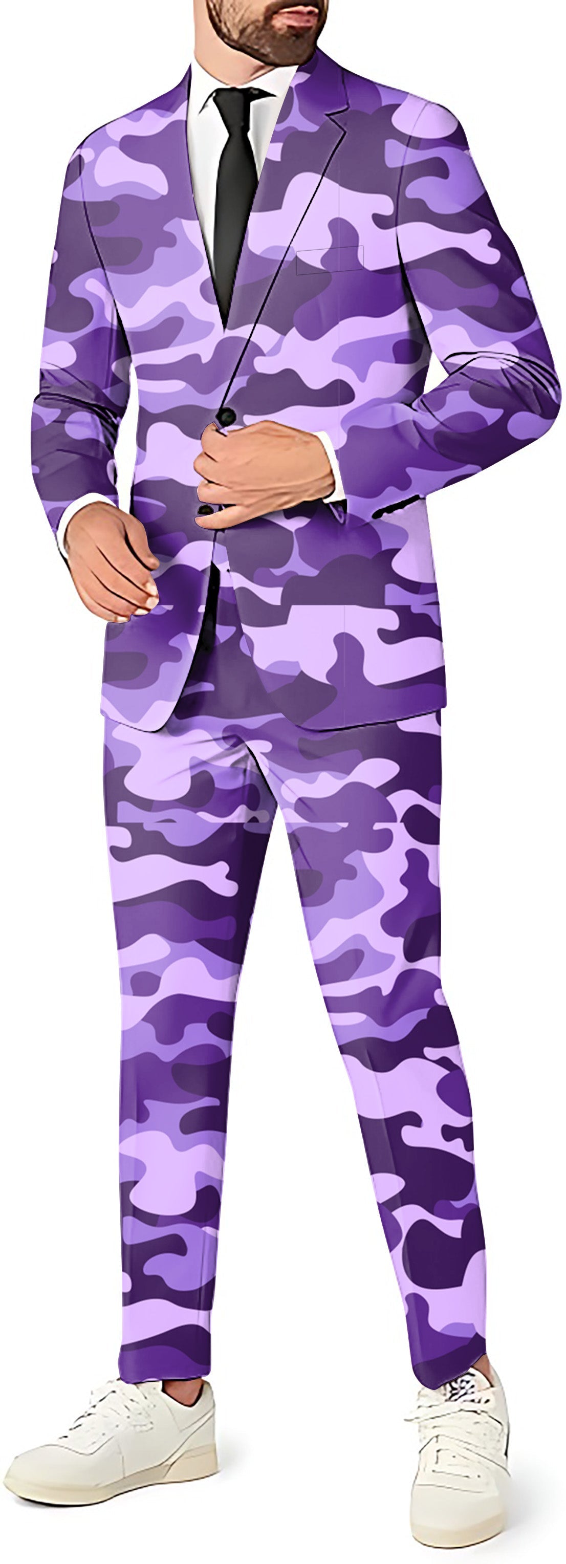 Purple camo men's party suit with blazer, pants, and vest for themed events