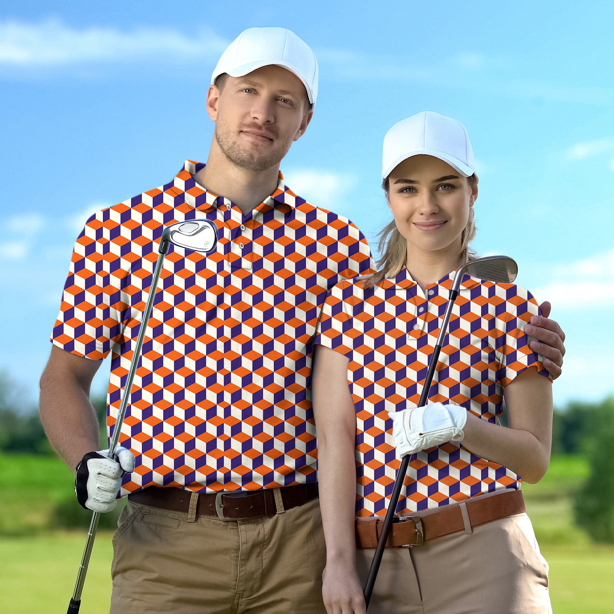 Couple wearing orange 3d square pattern golf shirts holding clubs on golf course Golf Championship Trophy style