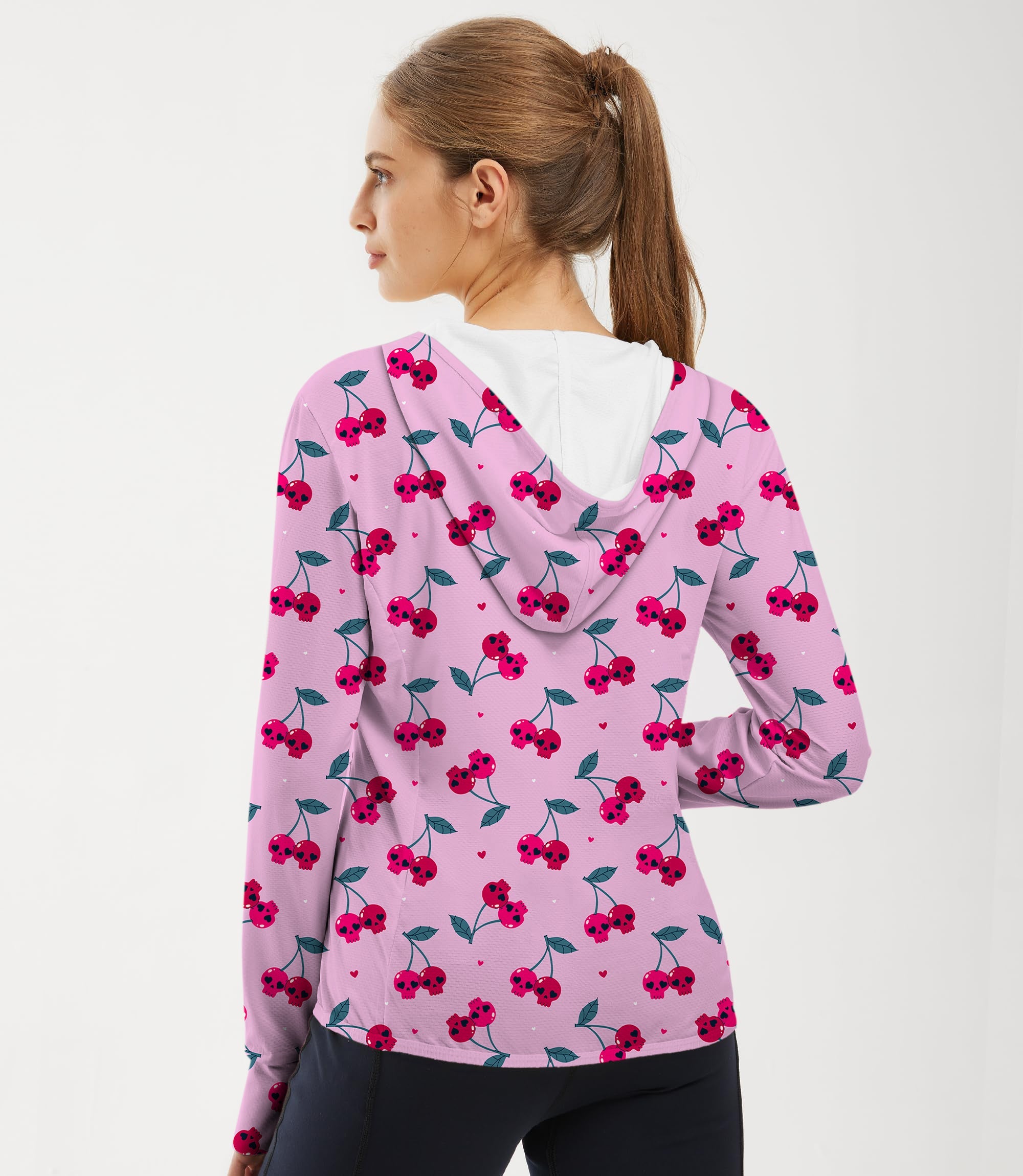 Women's outdoor Halloween cherry skull pattern slim fit zip hoodie with sun protection