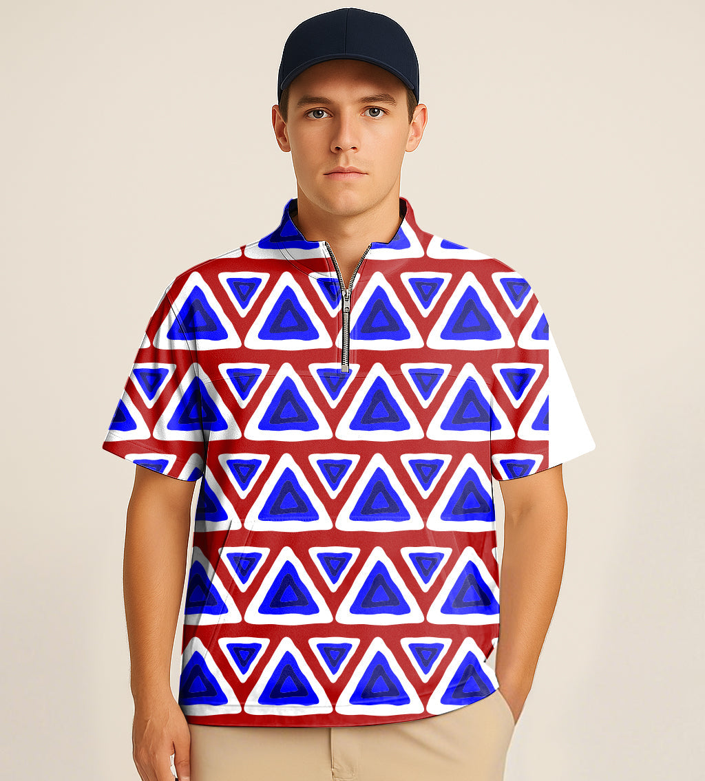 Man wearing half zipper turtleneck golf shirt with blue and red triangle tribal embroidery pattern