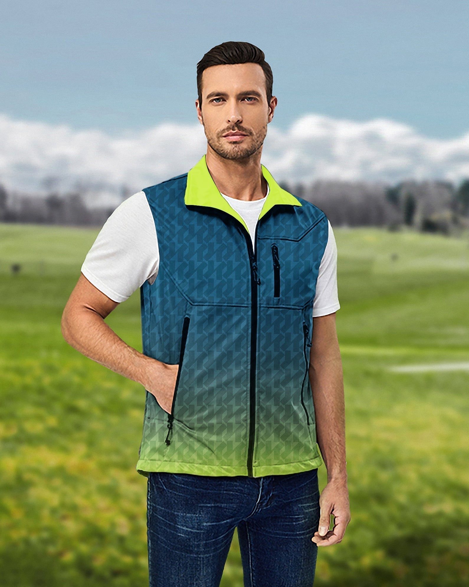 Men's green gradient lightweight softshell vest sleeveless jacket for golf, windproof and waterproof