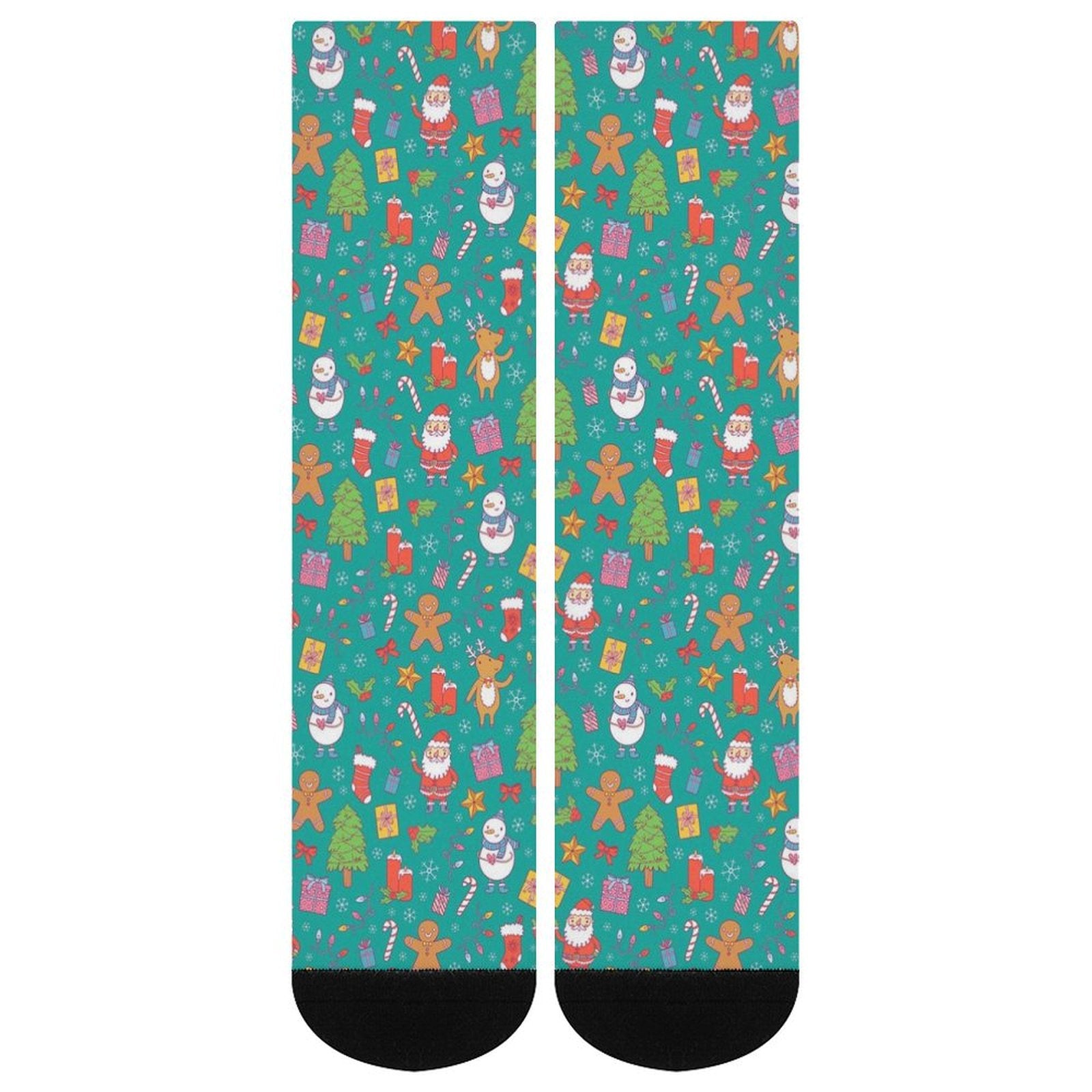 Merry Christmas printed socks with festive Santa, snowmen, and holiday icons on soft cushioned polyester blend for men and women gift
