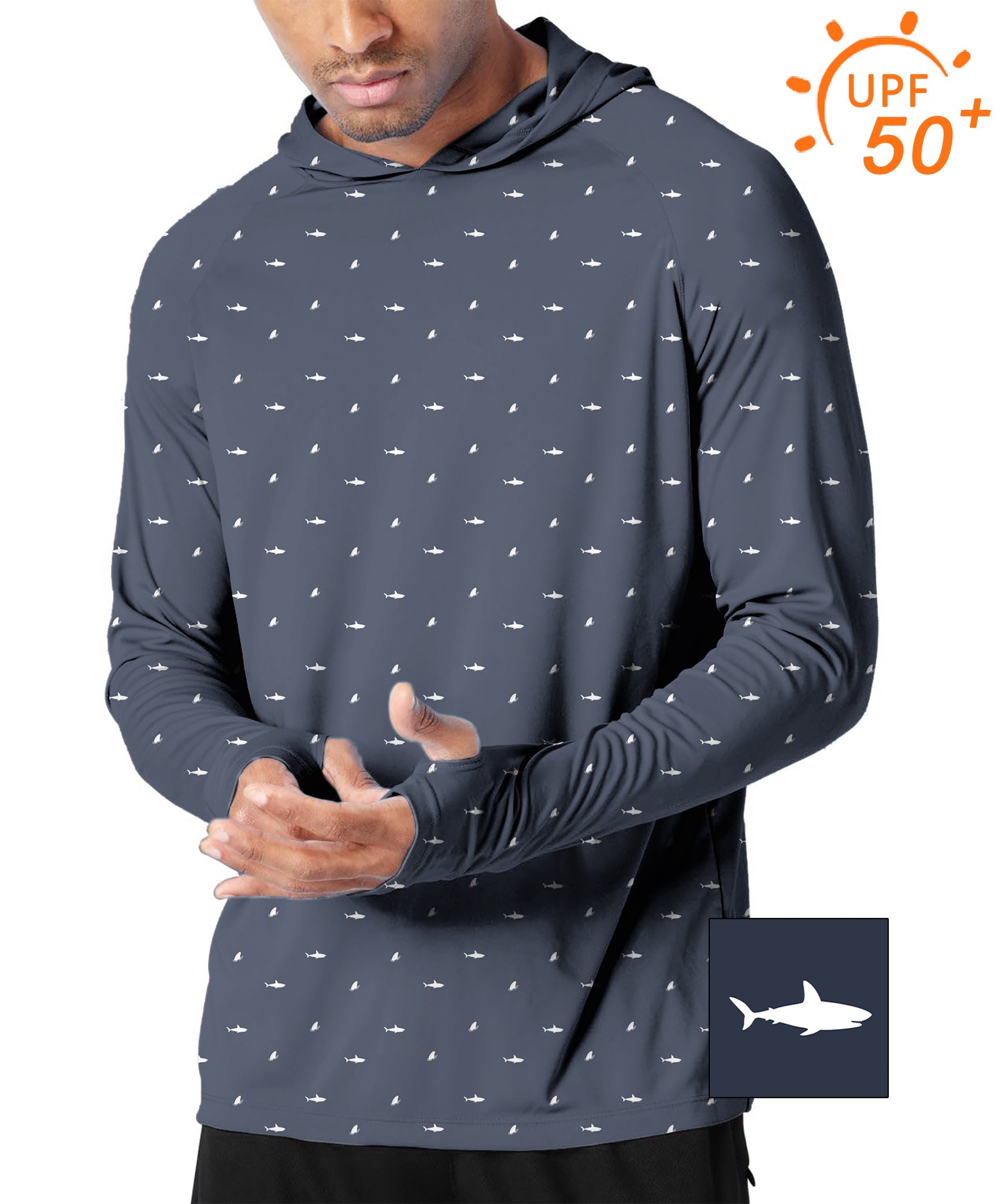 Men's outdoor white shark print slim fit hooded sun protection shirt with UPF 50+ blocking UV rays.