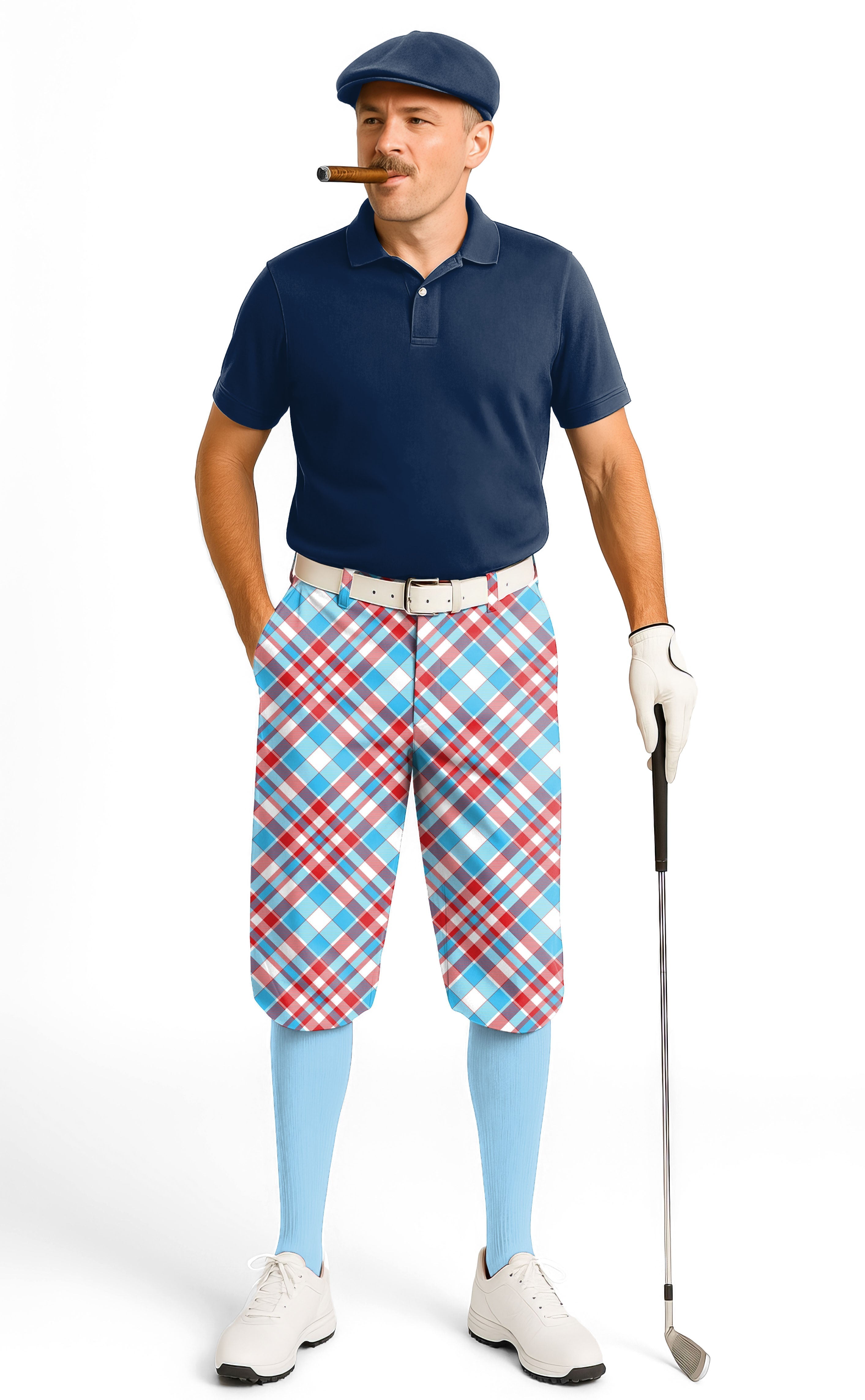 Man wearing Argyle red blue men's golf knickers with snug ankle cuffs and adjustable velcro waist, paired with navy polo and golf glove.