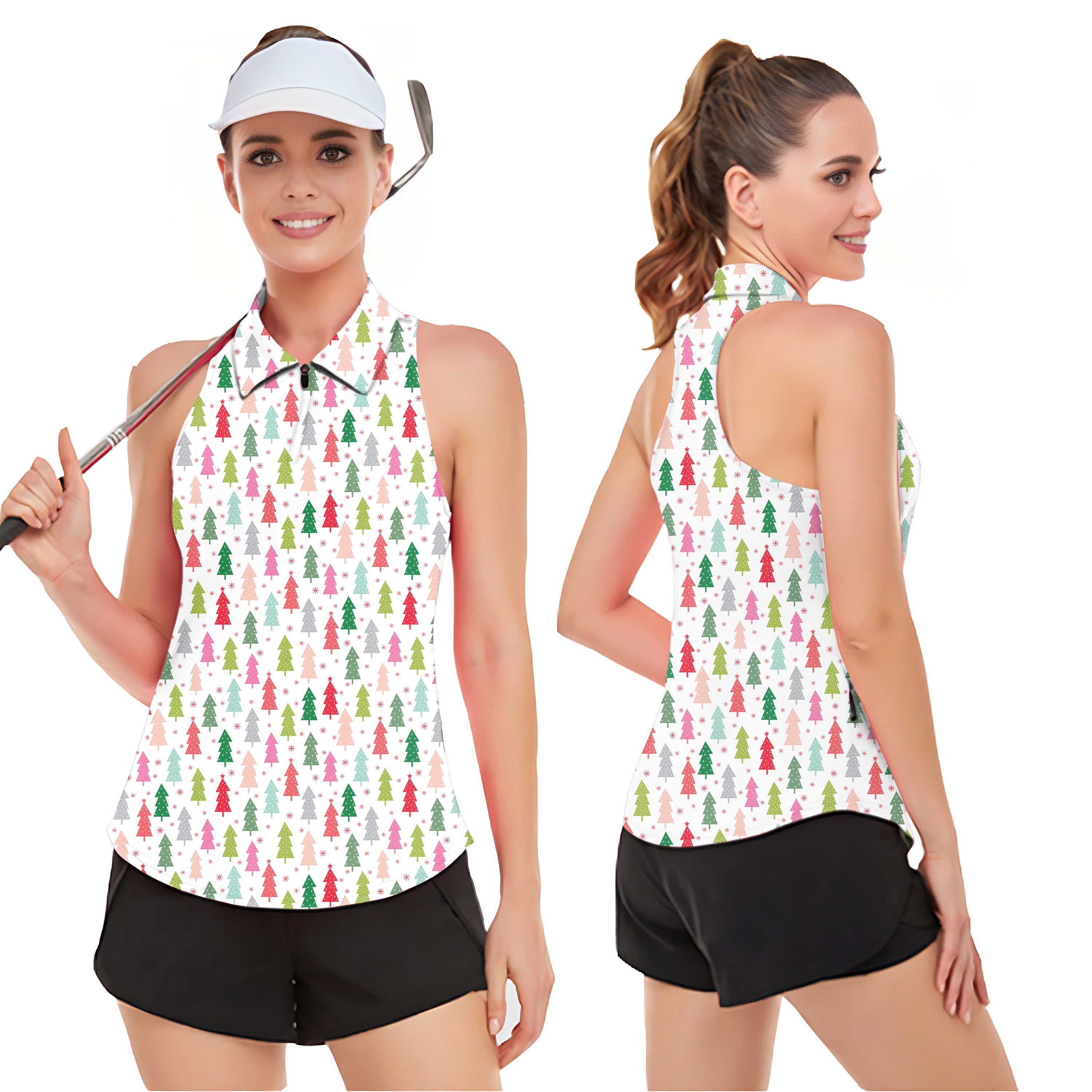 Colorful Christmas Tree sleeveless women's golf tank top with breathable, moisture-wicking fabric and UPF50+ sun protection