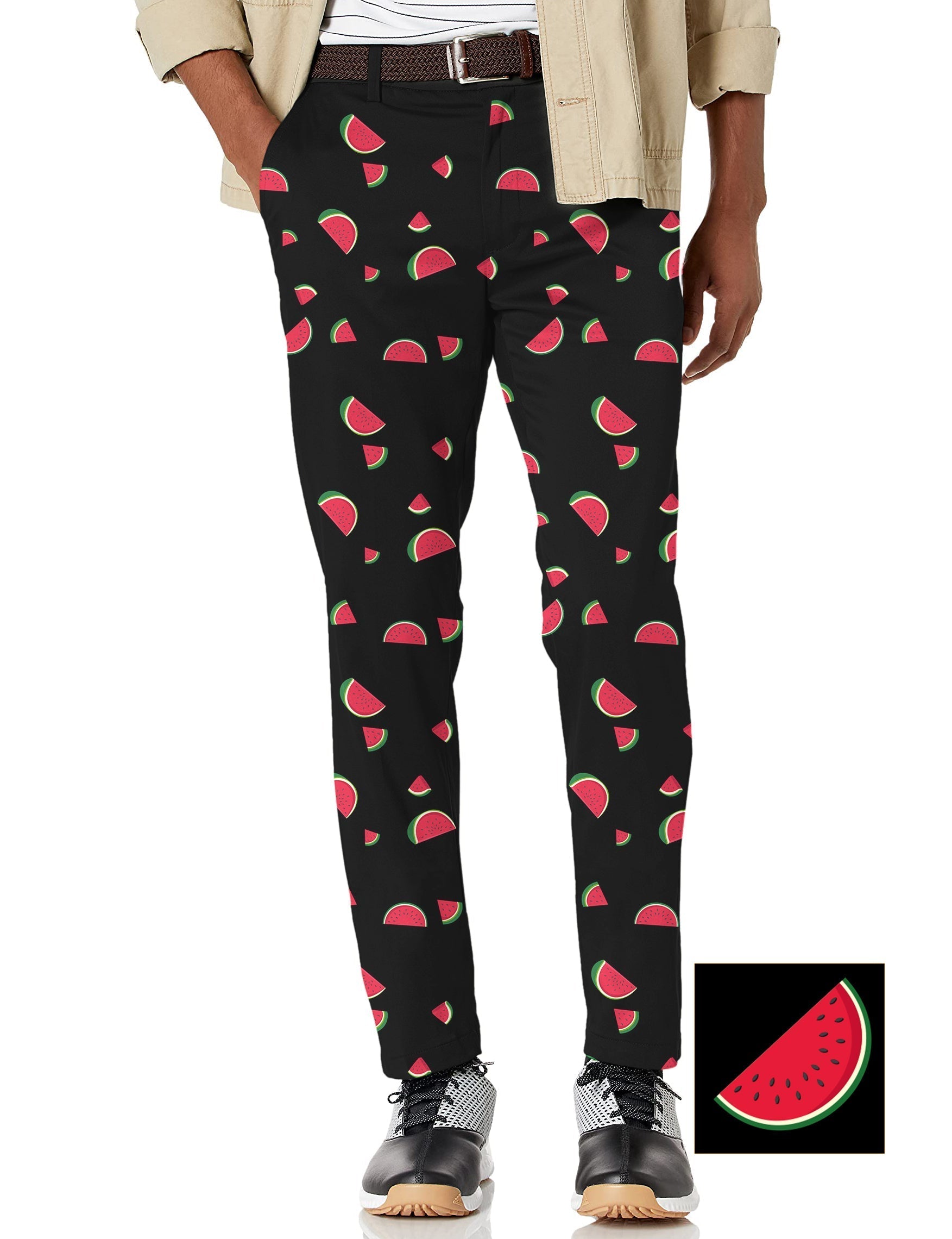 Men's watermelon custom stretch golf pants with watermelon print and moisture-wicking fabric