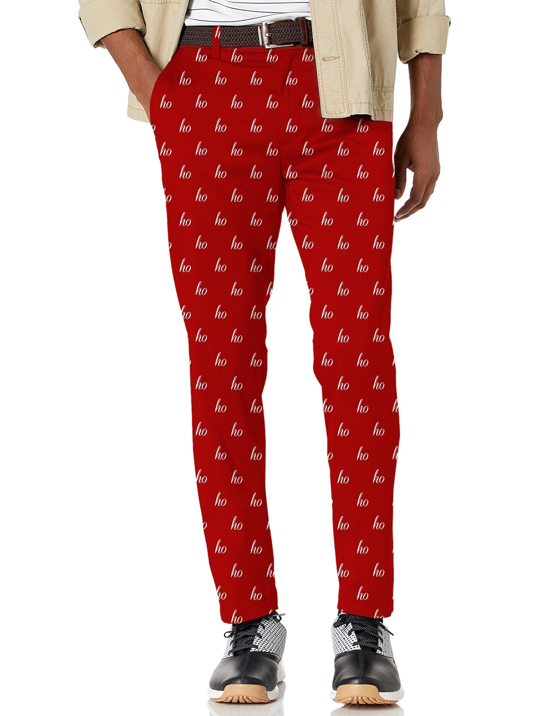 Men's red custom name Christmas stretch golf pants with moisture-wicking fabric and active waistband
