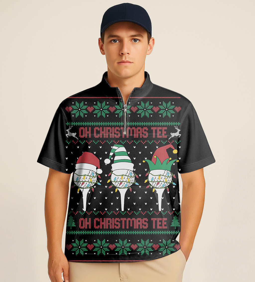 Black half zipper turtleneck golf shirt with Christmas custom face embroidery and festive design