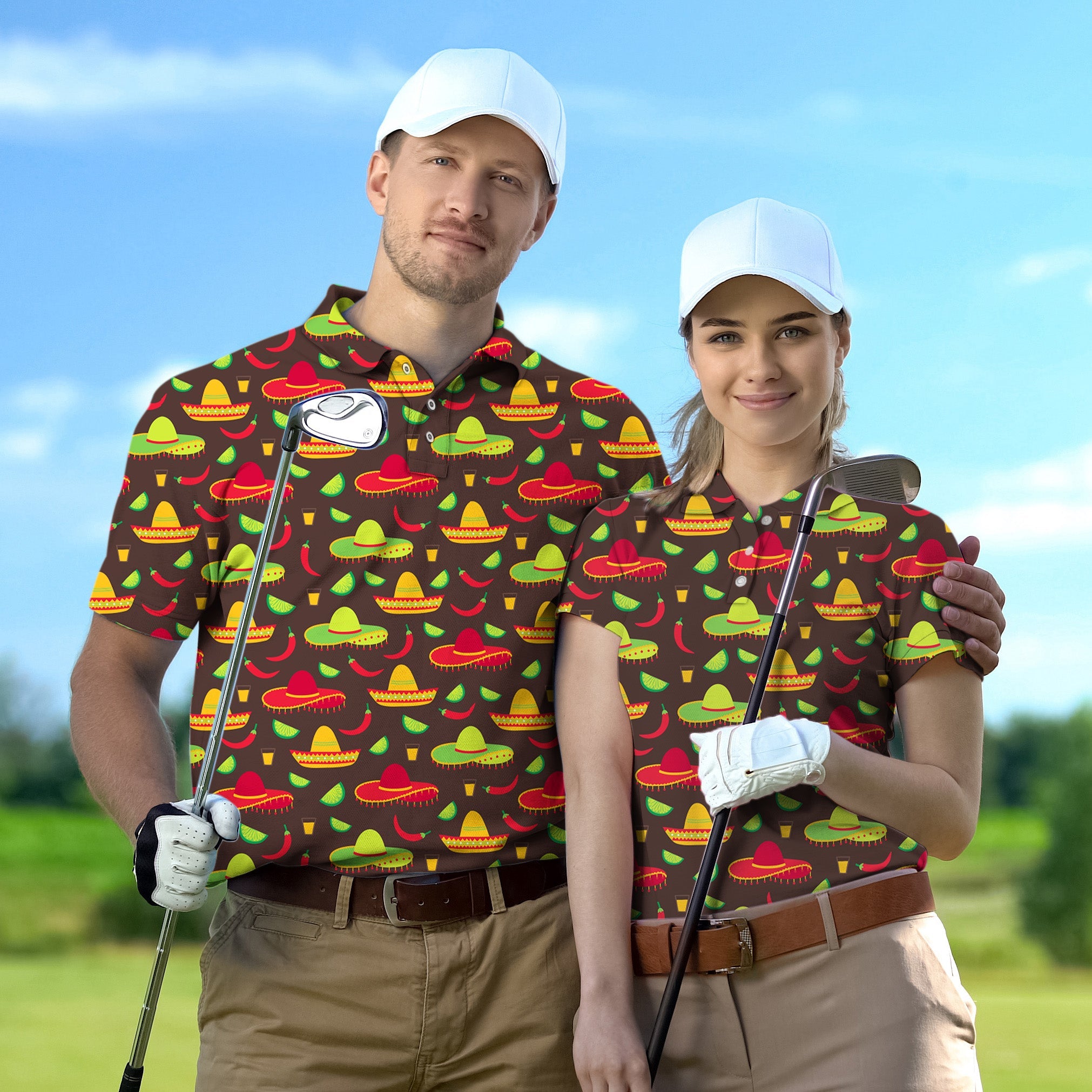 Couple wearing Taco Tuesday set golf polo shirts with sombrero pattern on golf course