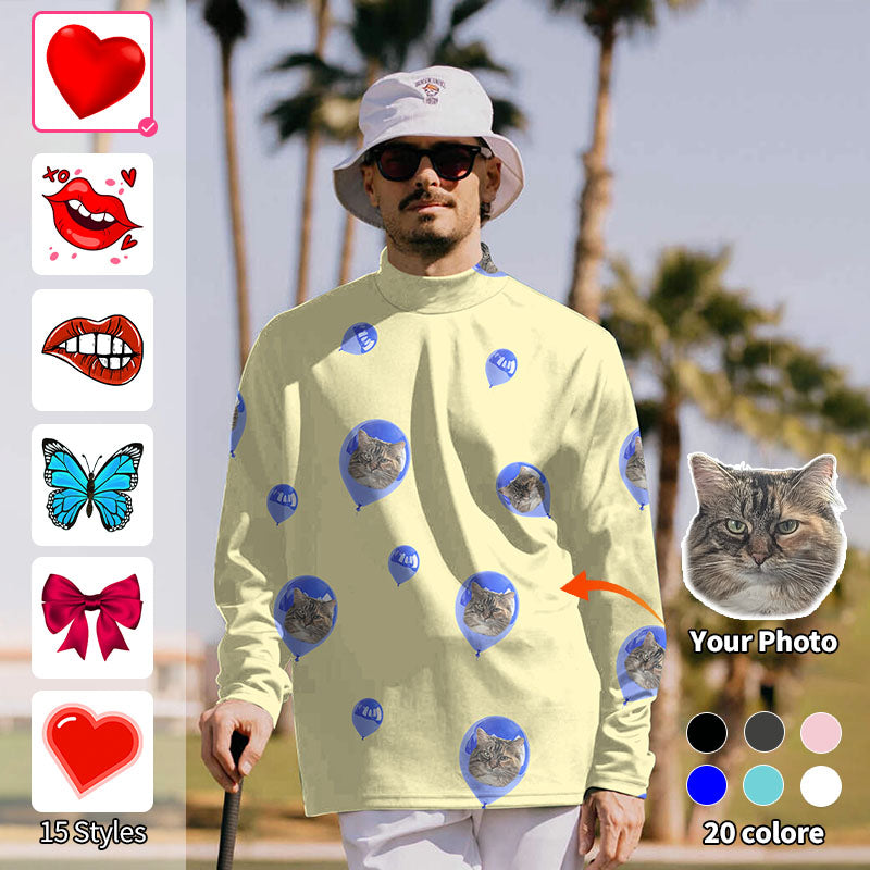 Valentine's Day Men's Custom Photo Face Custom Color Yellow Love Pullover High Neck Long/Short Sleeve T-Shirt