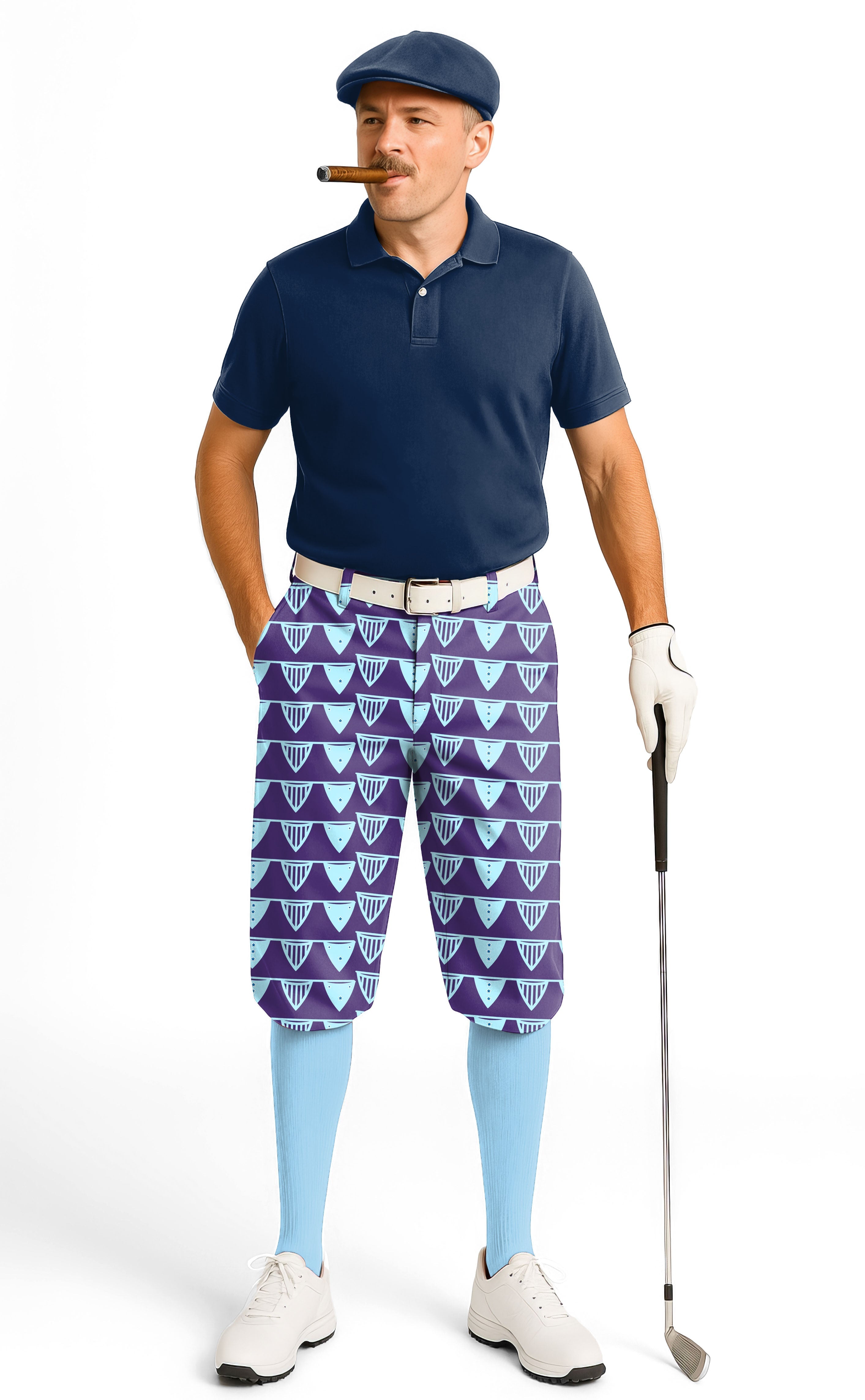Man wearing Blue Flag Limited Edition men's golf knickers with ankle cuffs, navy polo, cap, and golf glove holding a club.