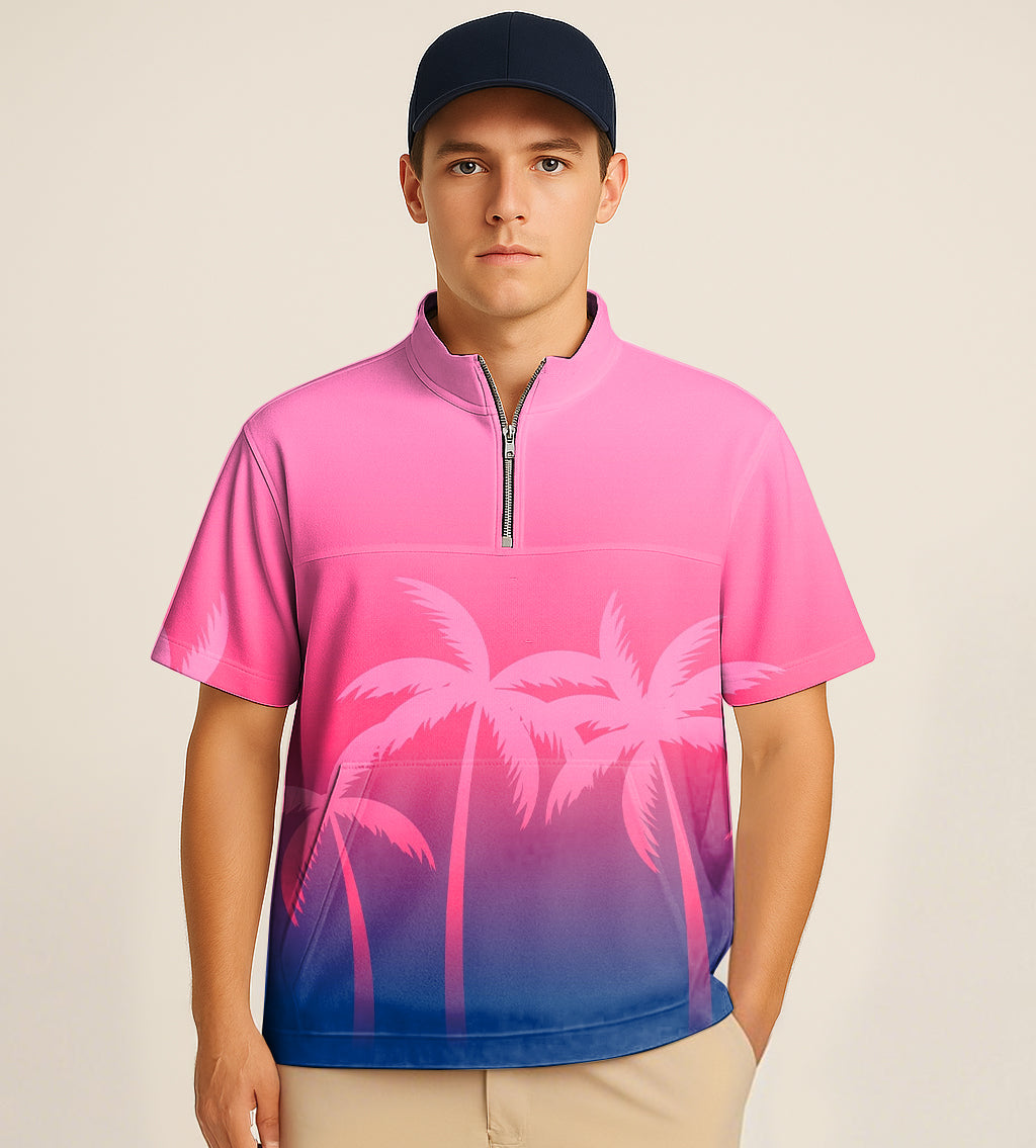 Men's half zipper turtleneck golf shirt in pink with palm tree embroidery