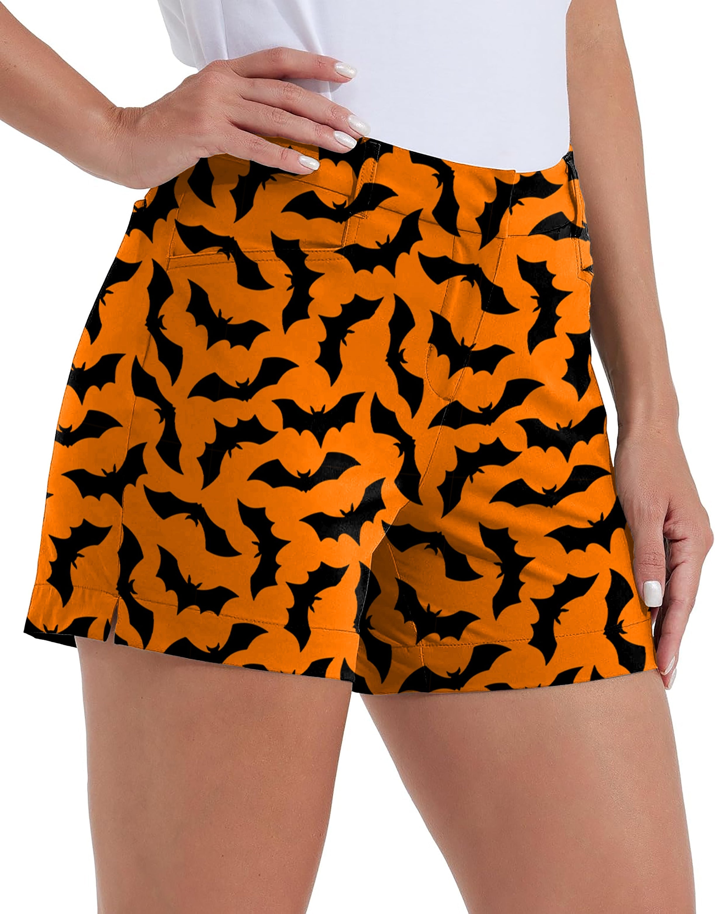Women’s quick-dry golf shorts with custom Halloween bat pattern and pockets