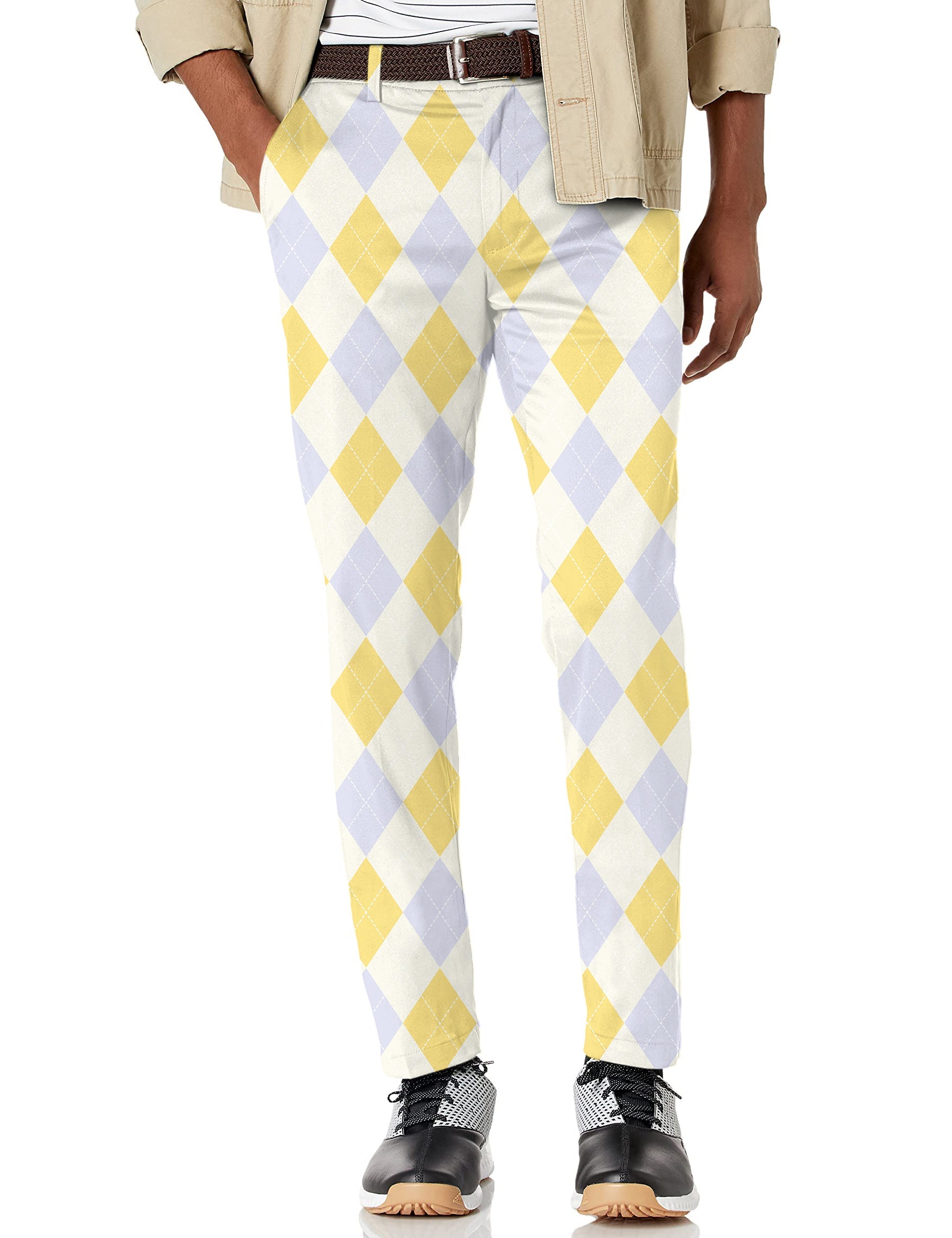 Men's Yollow argyle stretch golf pants with moisture-wicking and wrinkle-resistant fabric for performance and comfort