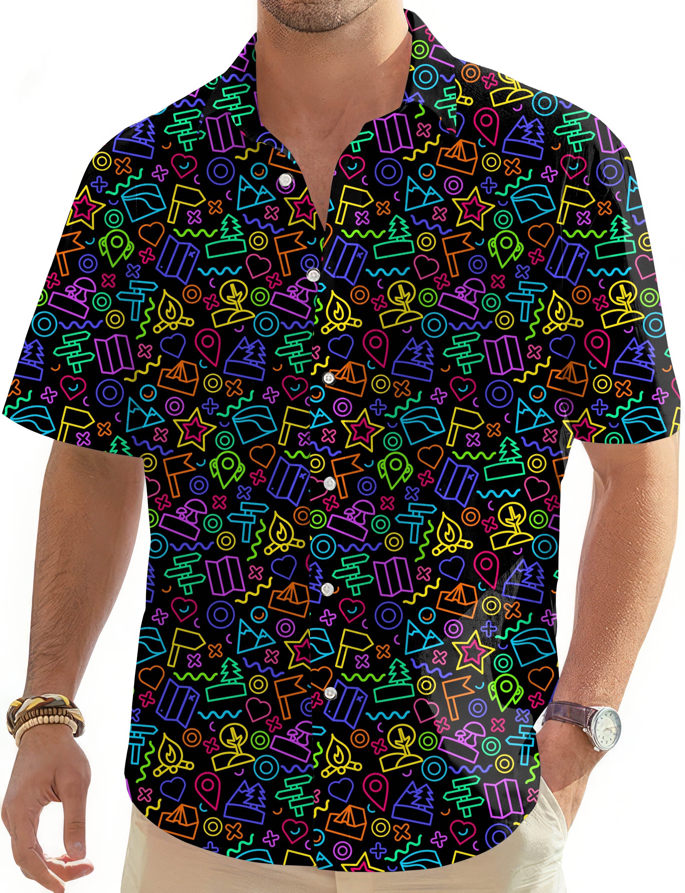 Men's Hawaiian shirt with neon sign coordinates pattern and button-down collar
