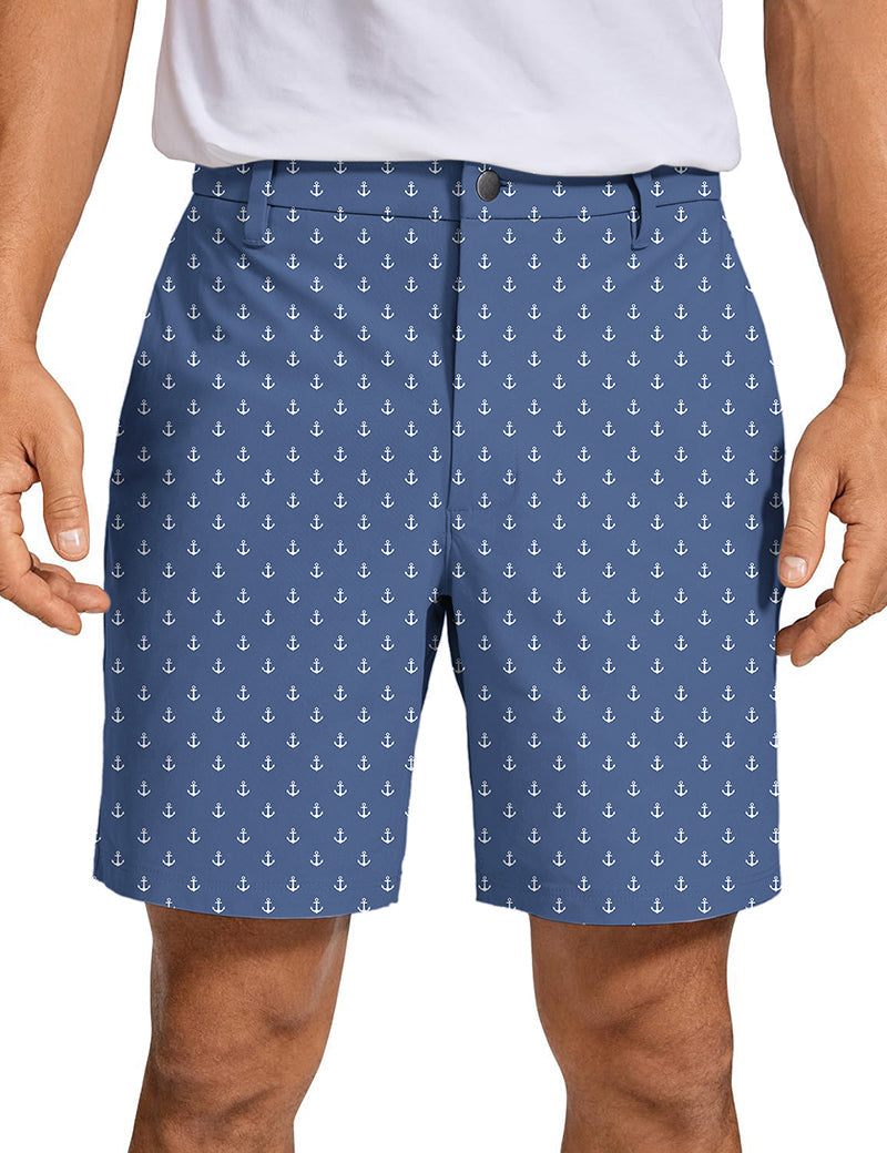 Men's navy anchor patterned quick-dry breathable golf shorts with two-way stretch and wrinkle-free fabric