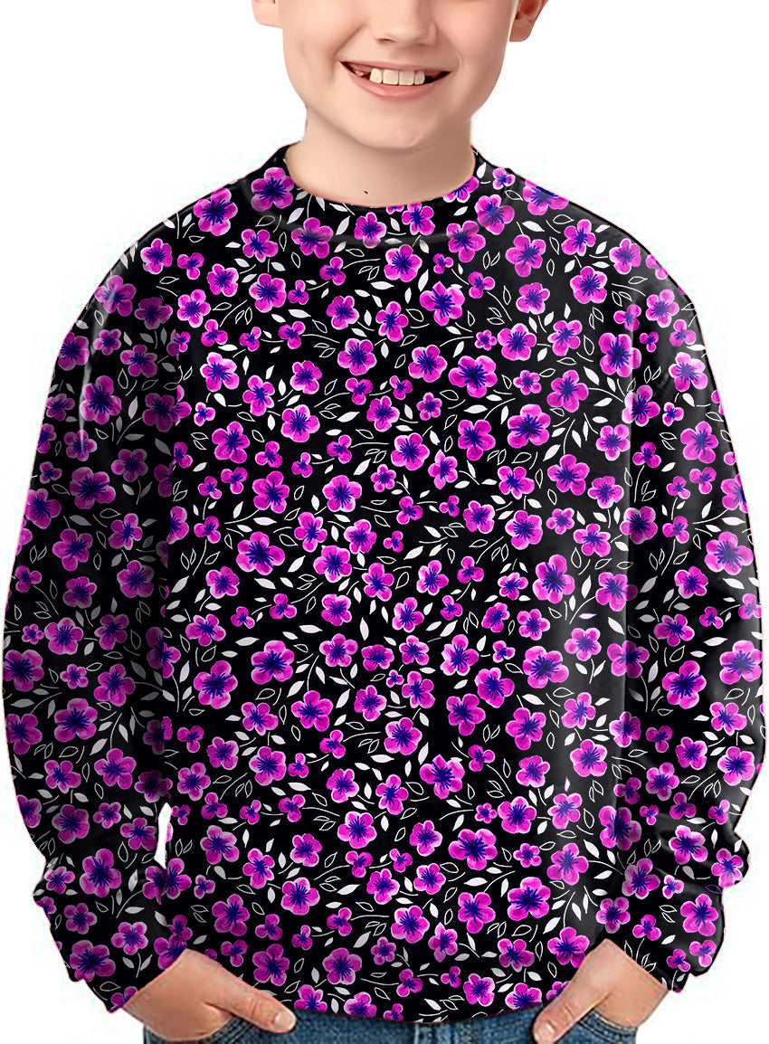 Kids floral out crewneck pullover with pink and purple flowers on black background