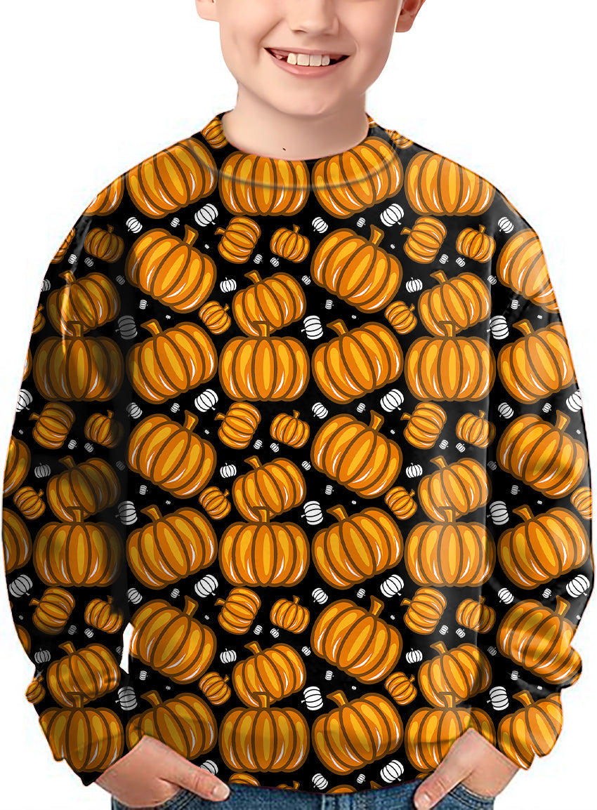 Kids Halloween pumpkin family crewneck pullover with orange pumpkins on black background
