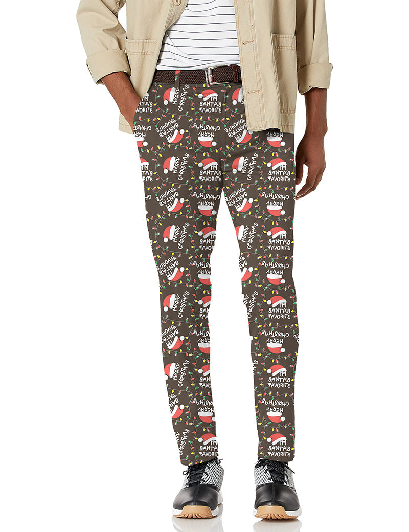 Men's Christmas-themed stretch golf pants with Santa and festive print design