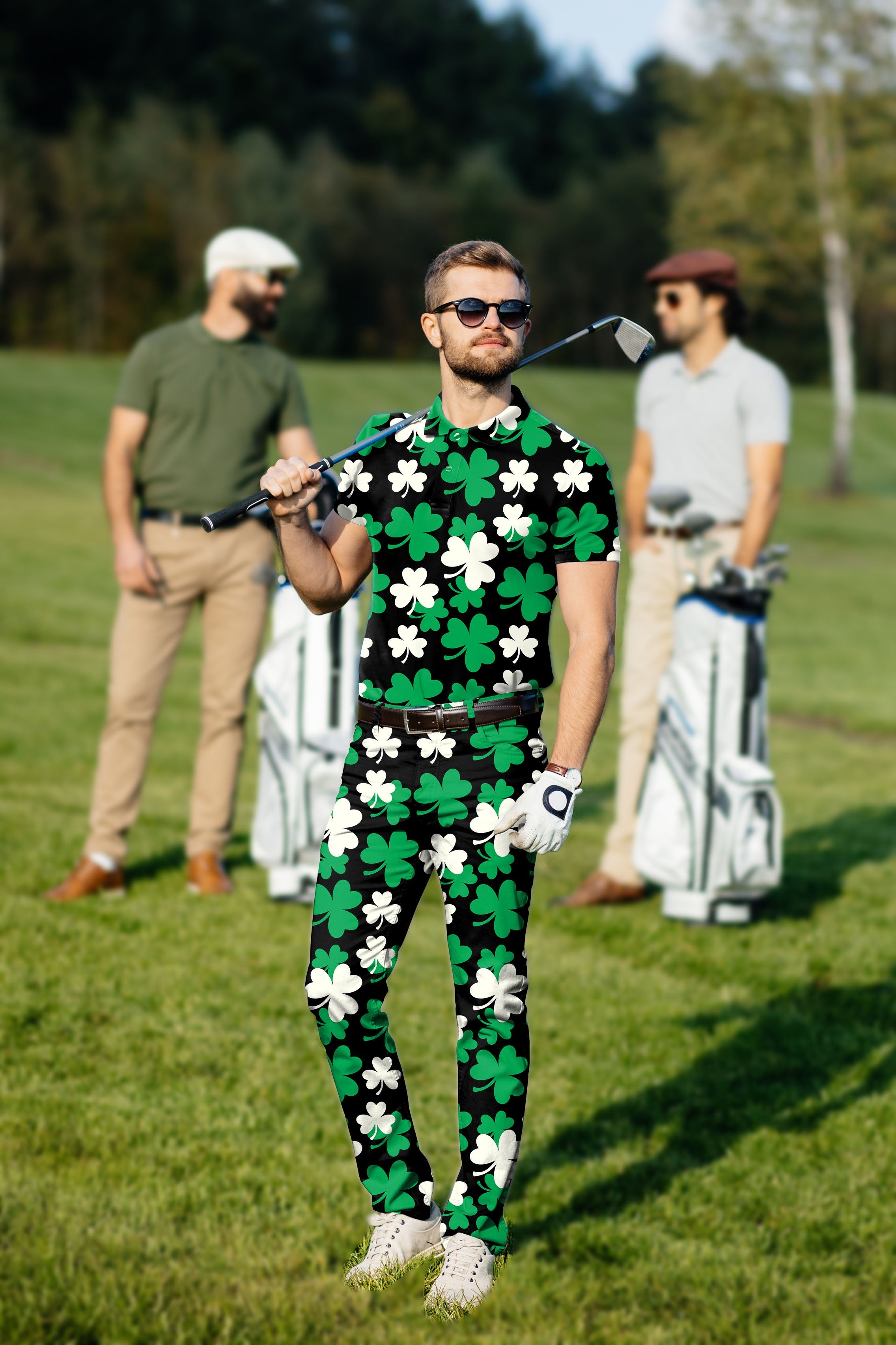 Men's golf set with leaf clover pattern, stretchy moisture-wicking polo and pants for St. Patrick's Day