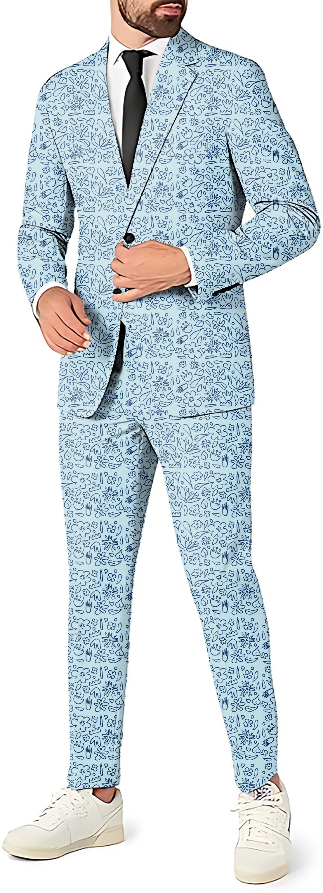 Men's blue flower print suit set with blazer, pants, and vest for themed parties