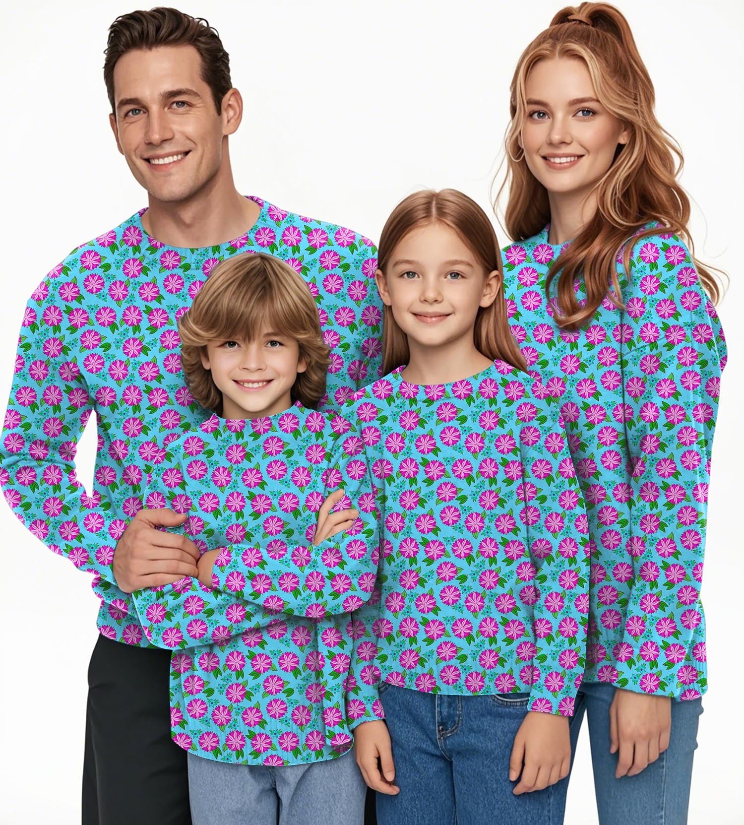 Family wearing matching flower crewneck pullover ugly sweaters with pink and purple floral pattern