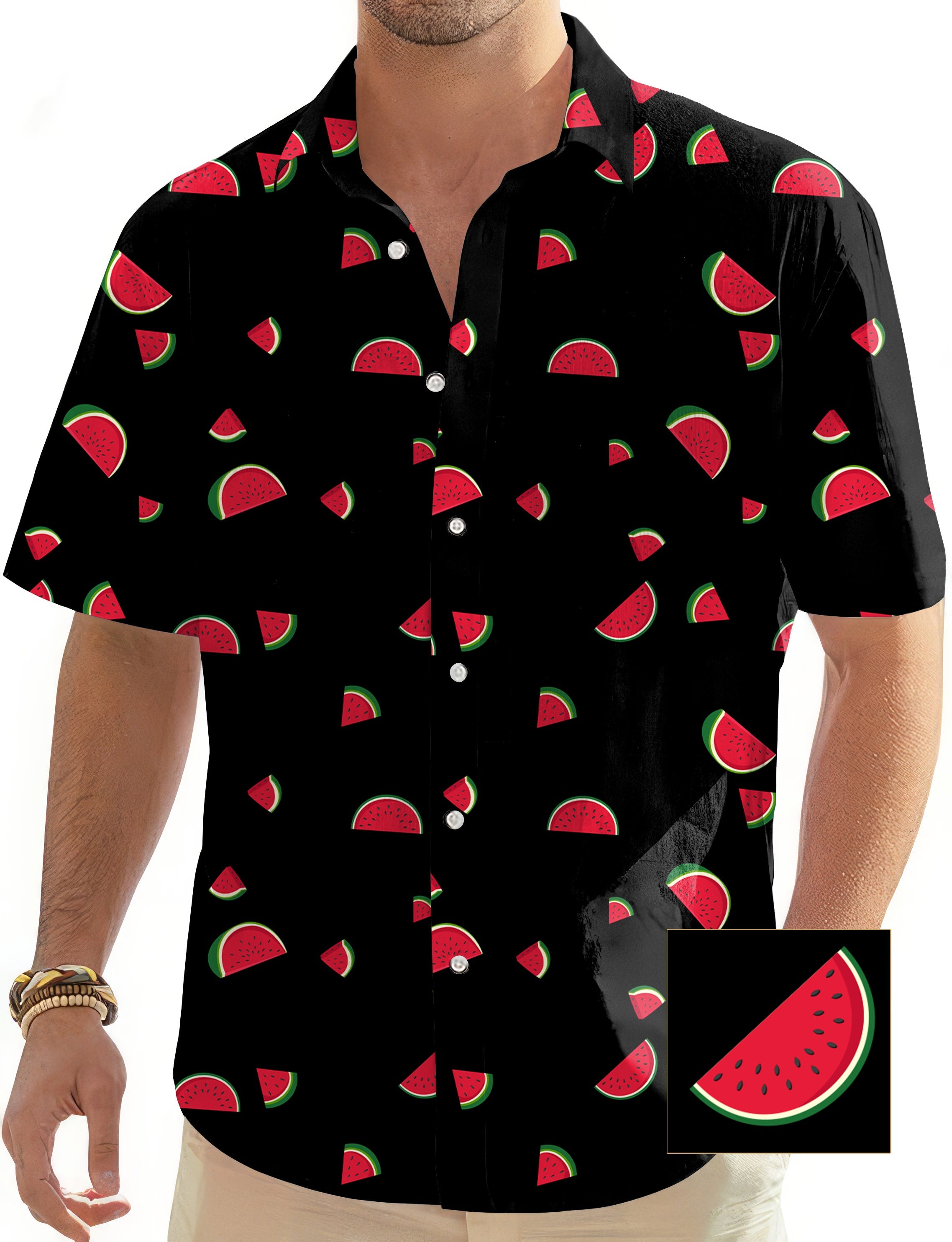 men's black Hawaiian golf shirt with custom watermelon print and button-down collar