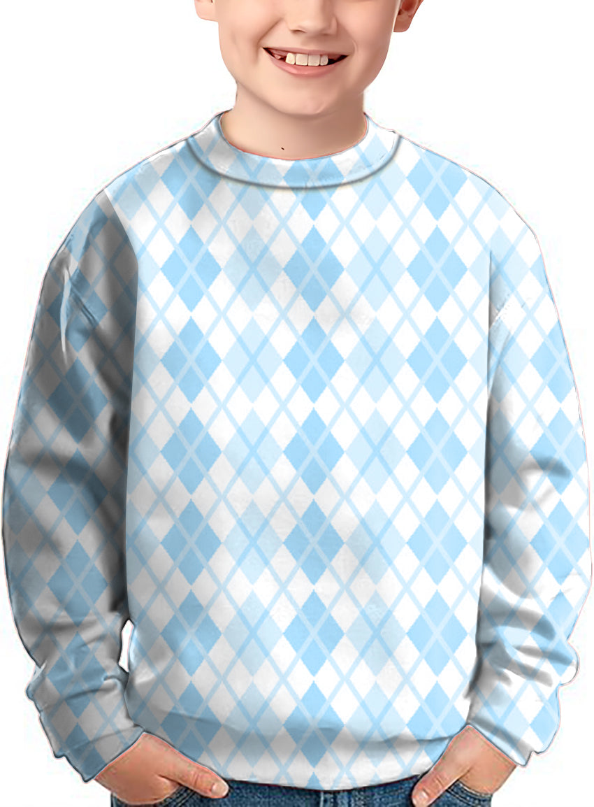 Kids Argyle blue grid crewneck pullover ugly sweater with light blue and white diamond pattern