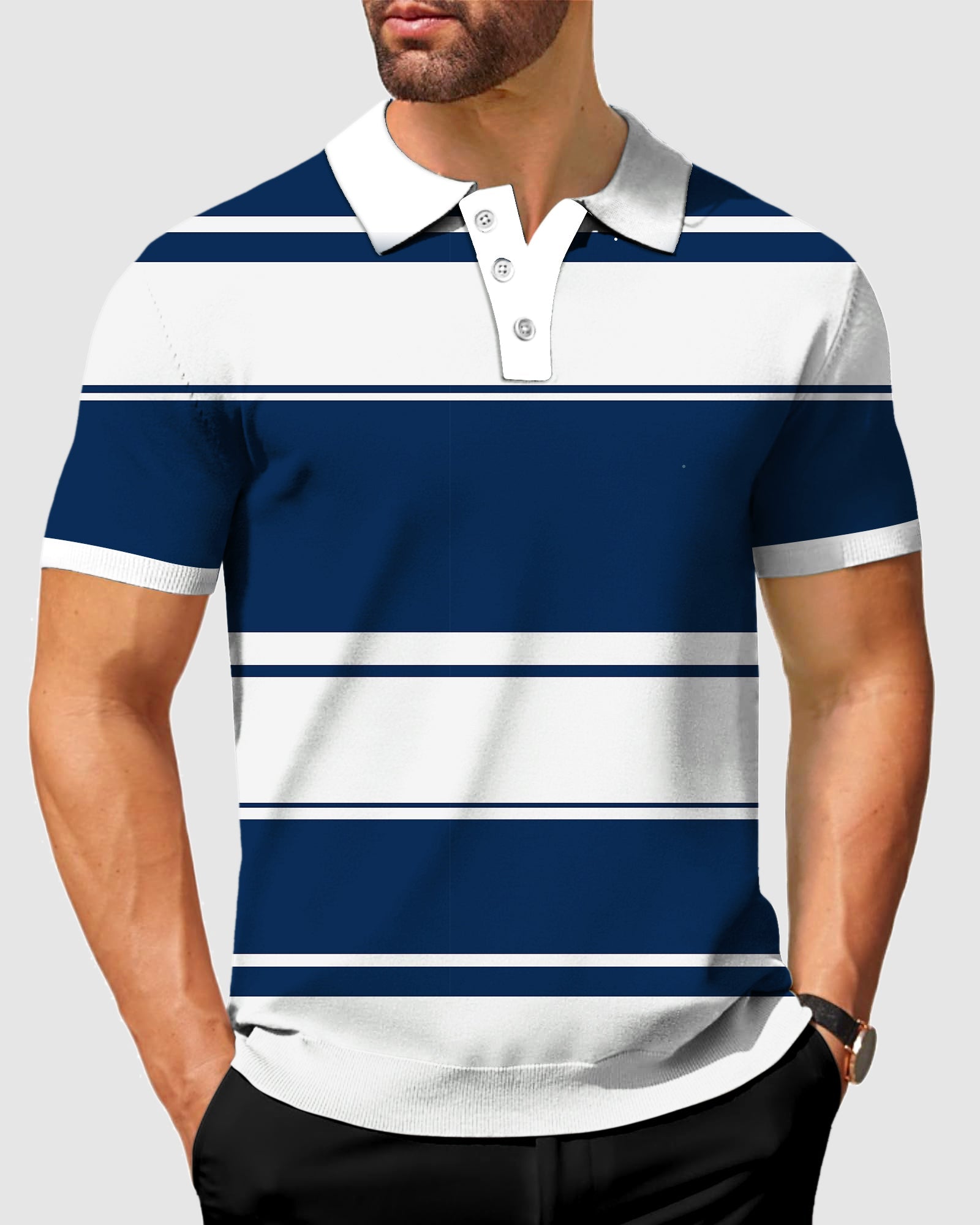 Men's thick horizontal striped polo shirt with stretch fabric and classic fit