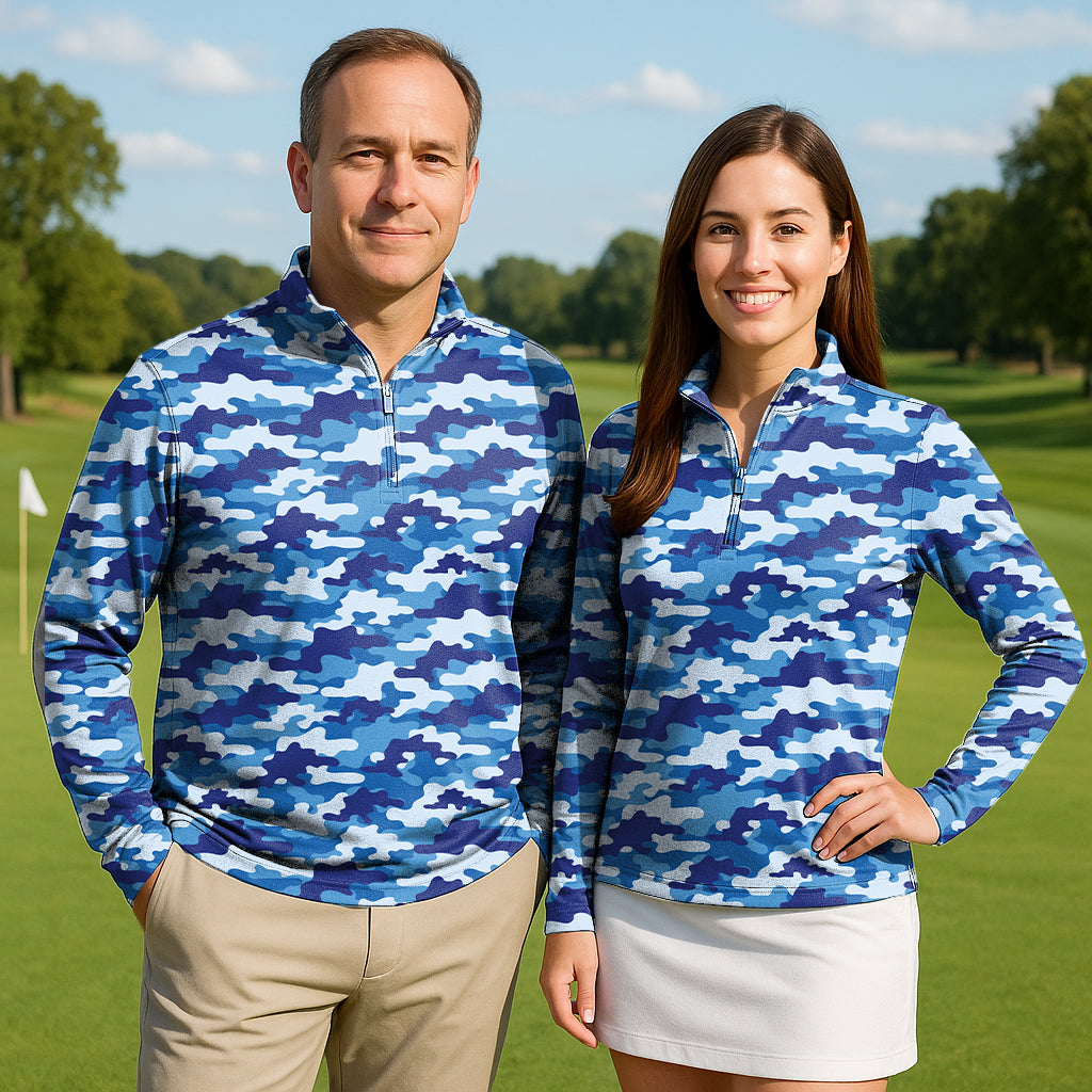 Blue camo couple golf active 3/4 zip tops with long sleeves, lightweight, moisture-wicking, and UPF50+ sun protection.