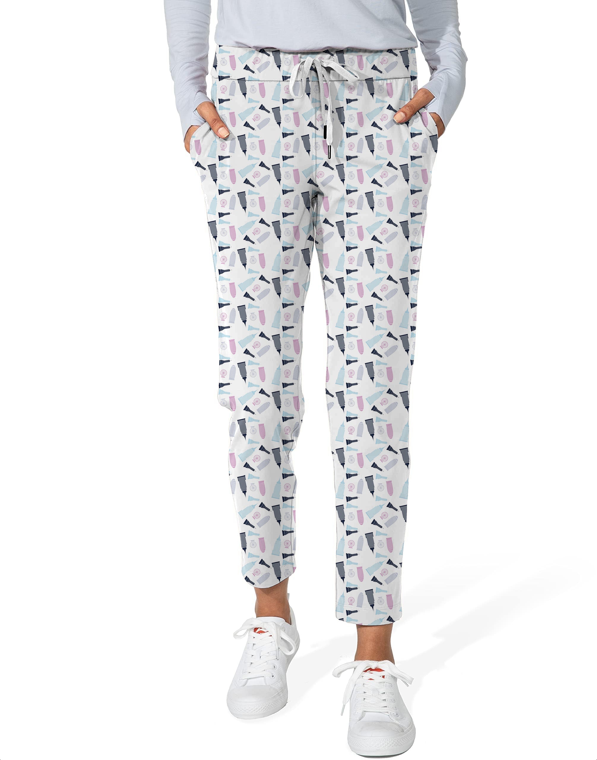 limited edition Empire State Building women's stretch ankle golf pants with geometric pattern
