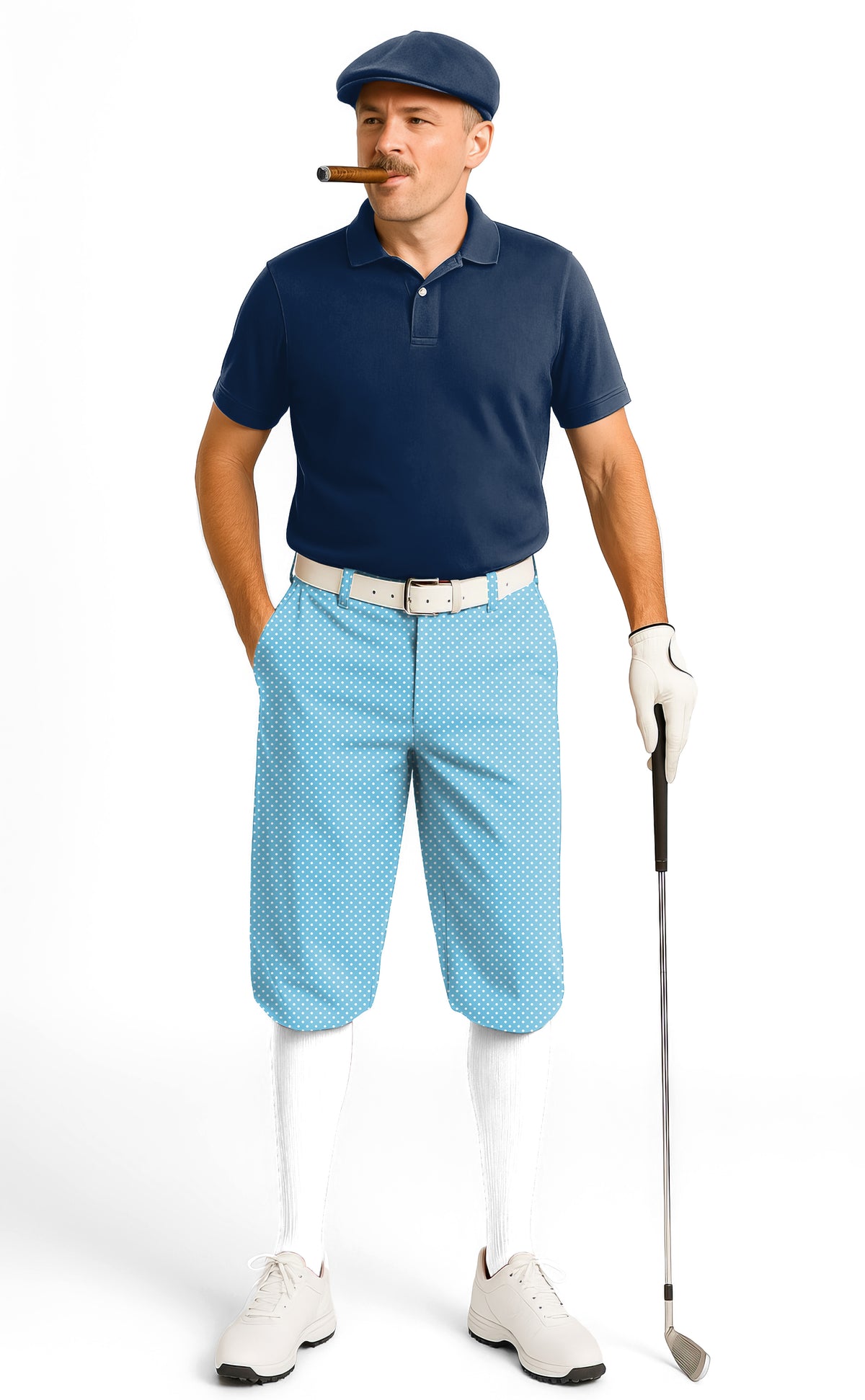 white polka dots blue background Men's Golf Knickers Pants