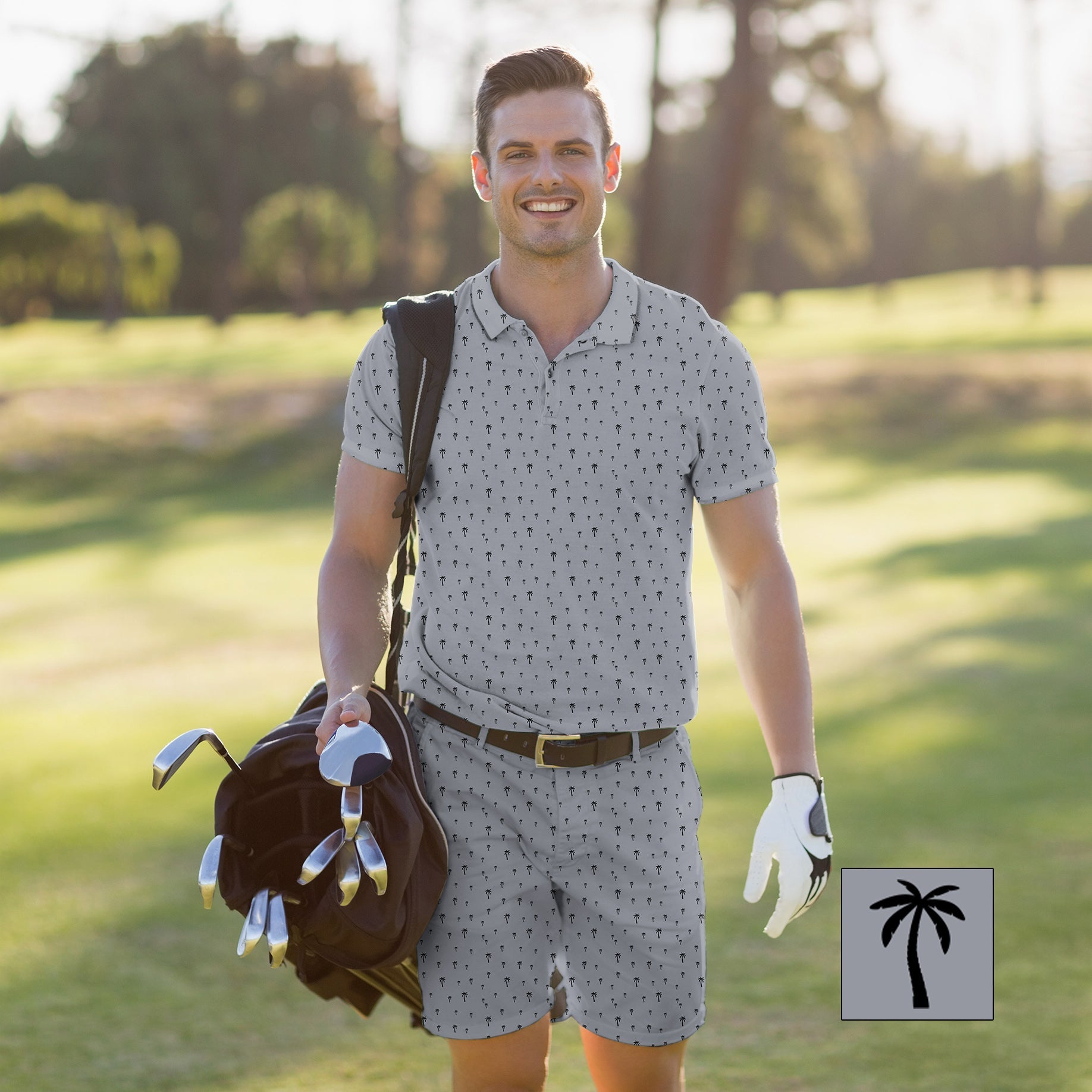 Men's Golf Set Polo+Shorts Coconut Palm Custom The Background Color