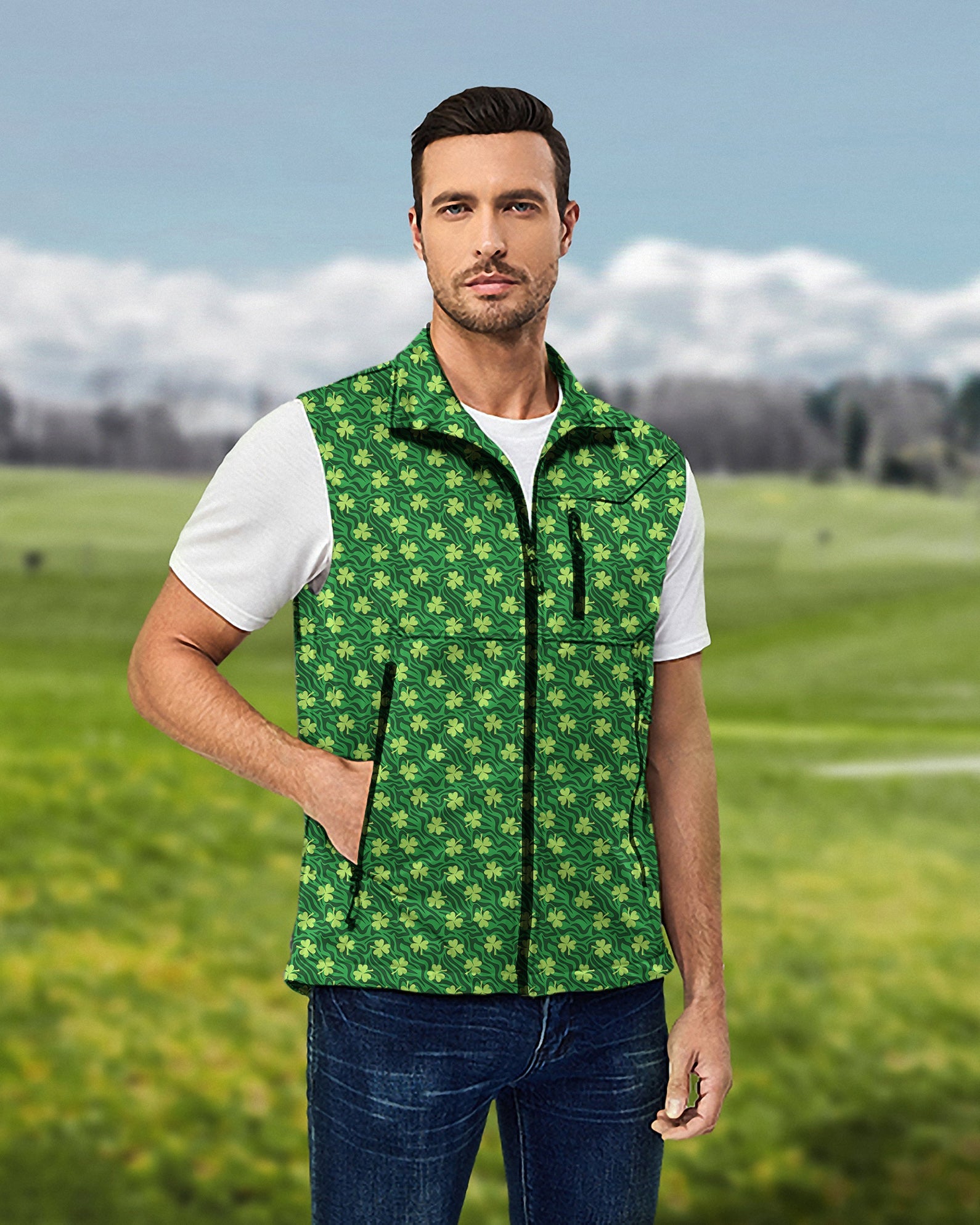 Men's green leaf clover softshell sleeveless vest lightweight windproof waterproof jacket for golf