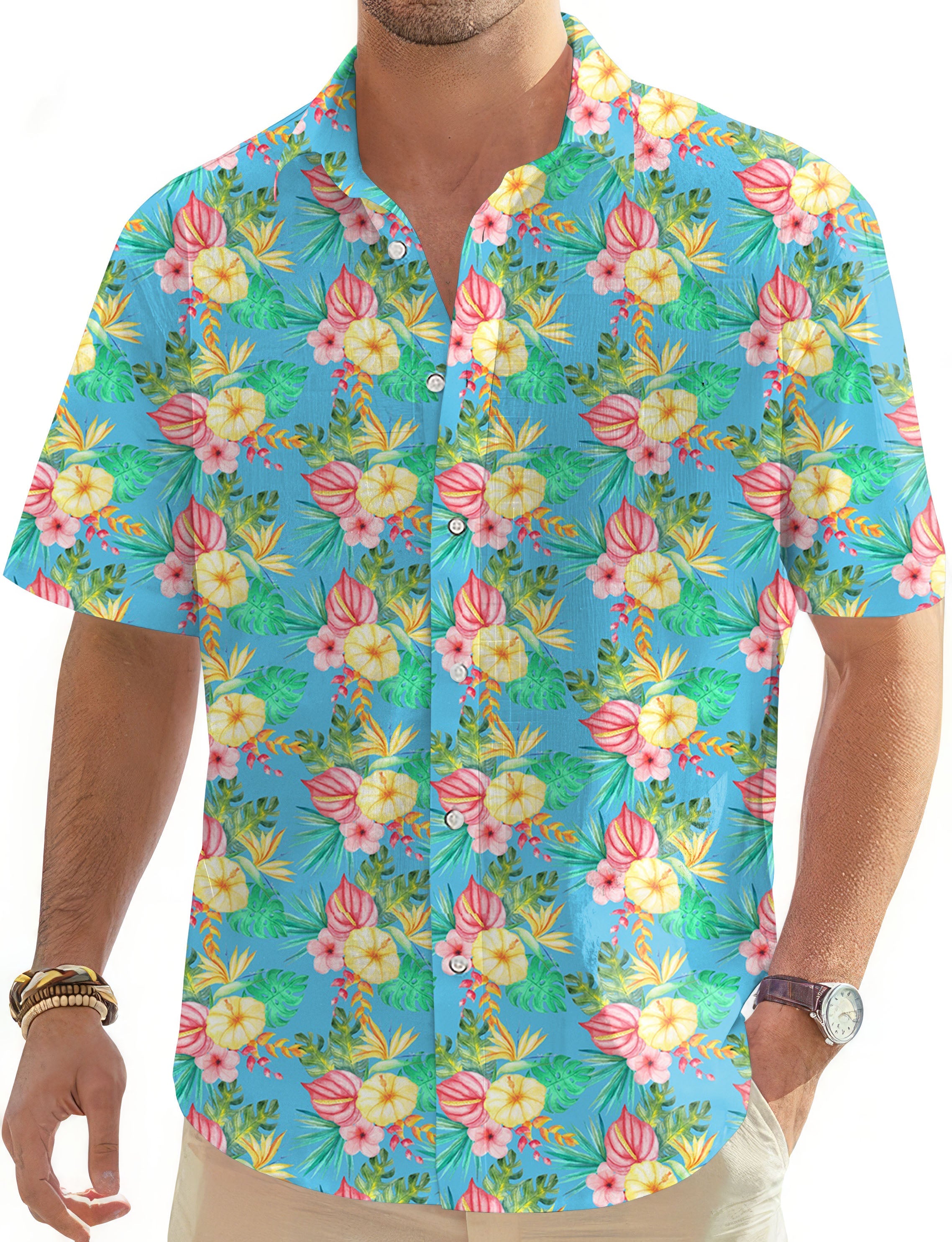Men's Tropics Pants Hawaiian shirt with floral print and button-down collar in blue