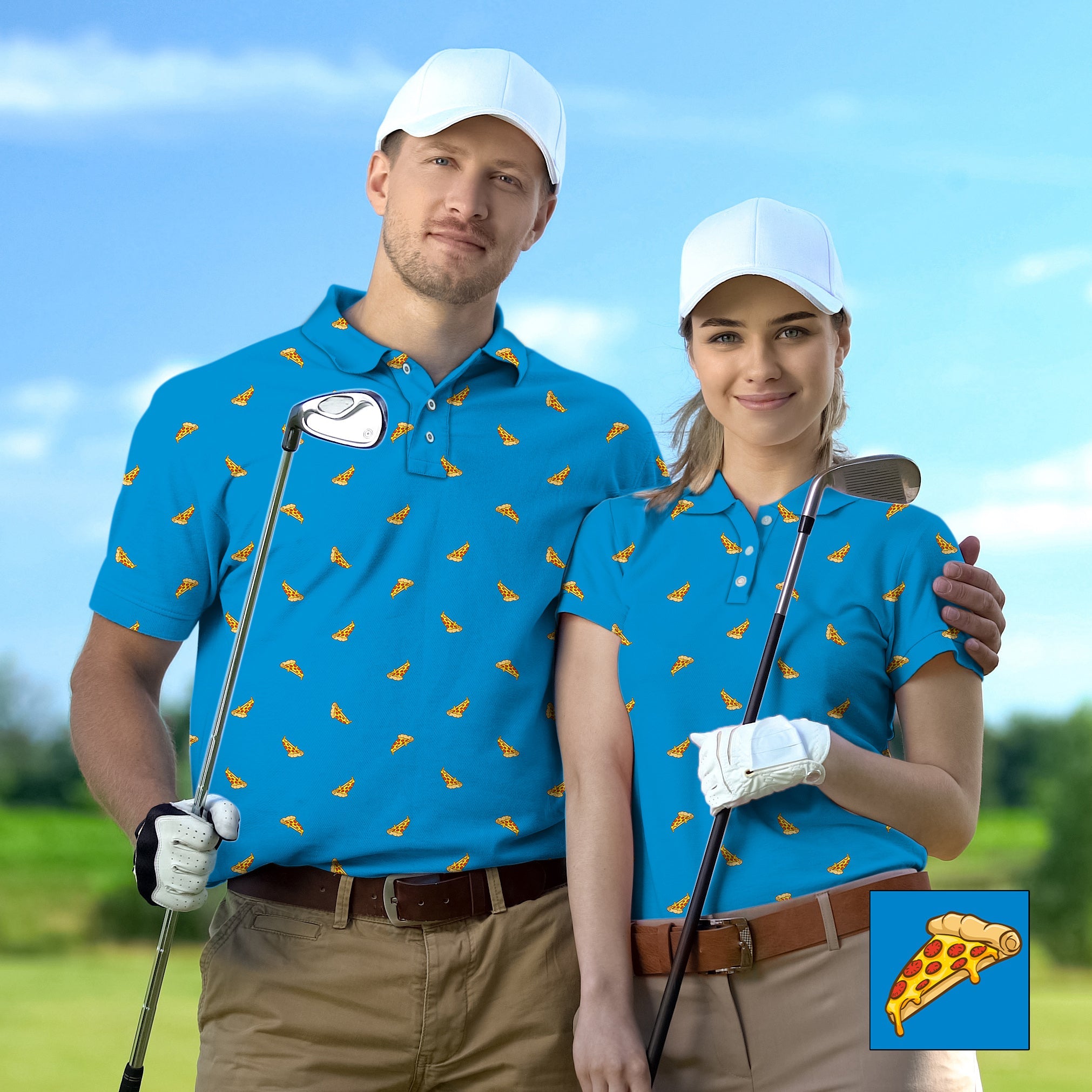 Couple wearing custom white pizza print golf shirts with white caps holding golf clubs on course