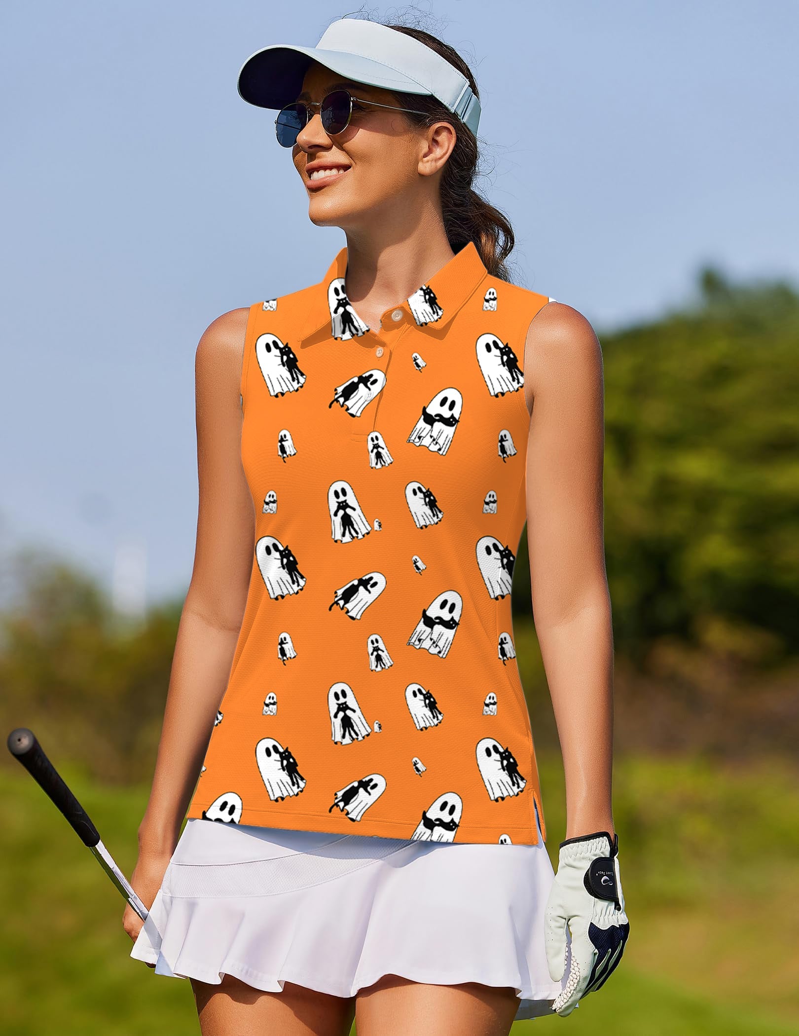 Women’s sleeveless golf shirt with Halloween Ghost Hug Cat pattern in orange background