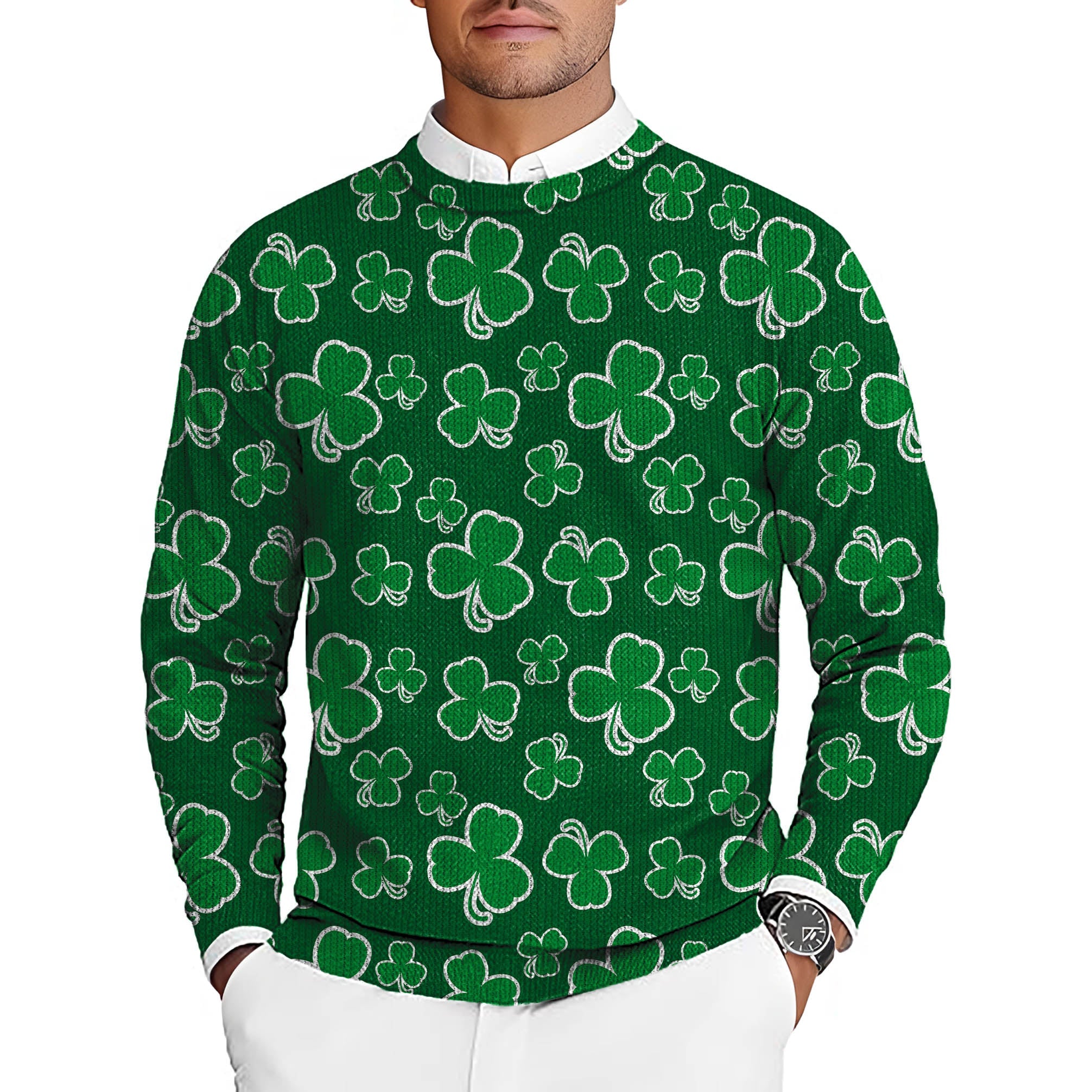 Men's green crewneck pullover sweater with white leaf clover pattern for St. Patrick's Day golf events