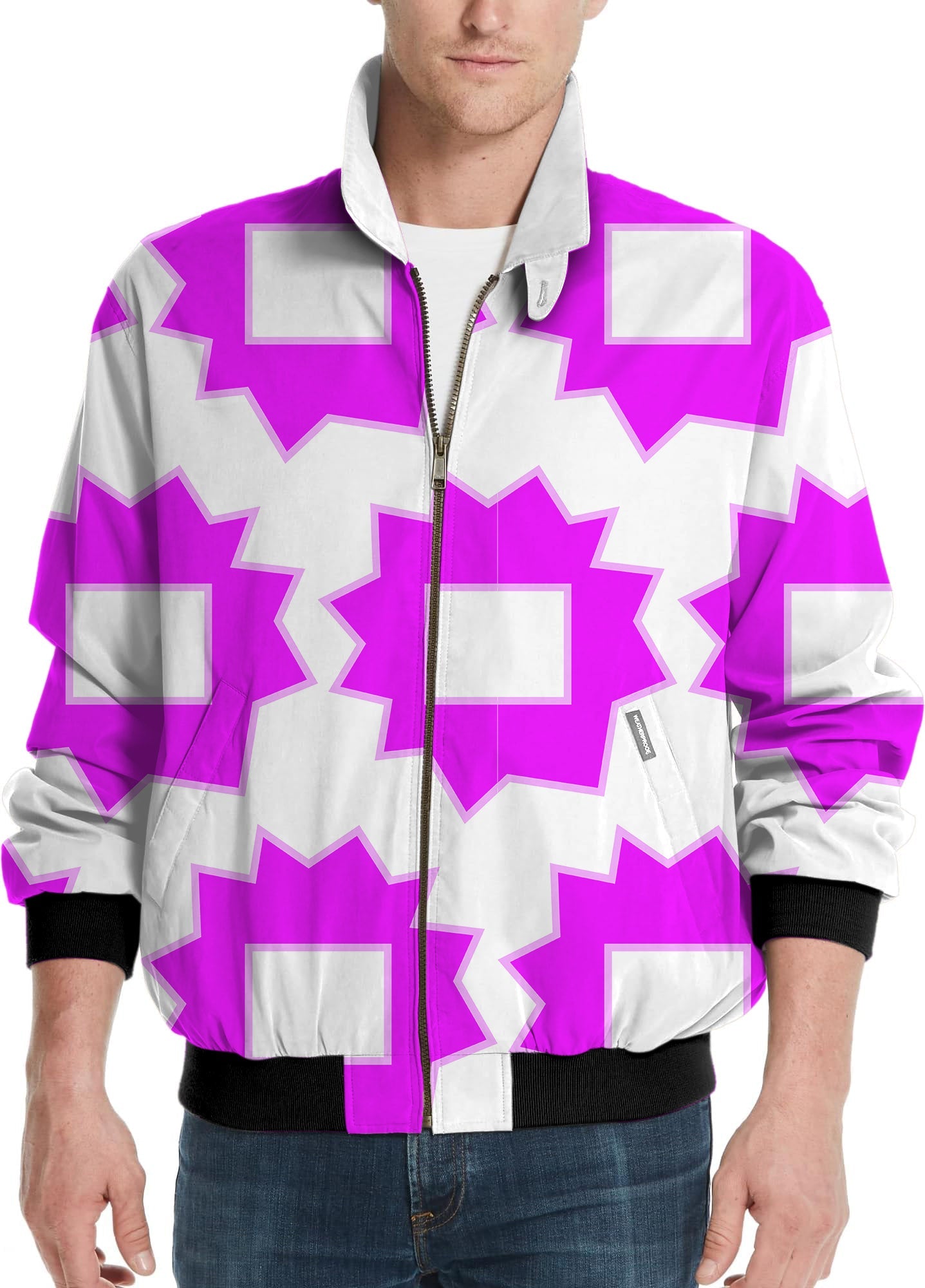 Limited edition men’s golf windbreaker jacket with explosion geometry design in pink and white
