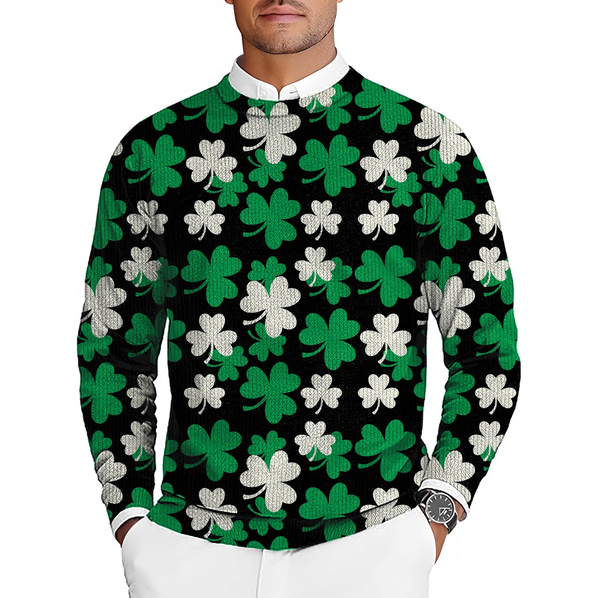 Men's golf crewneck pullover sweater with green and white leaf clover pattern for St. Patrick's Day