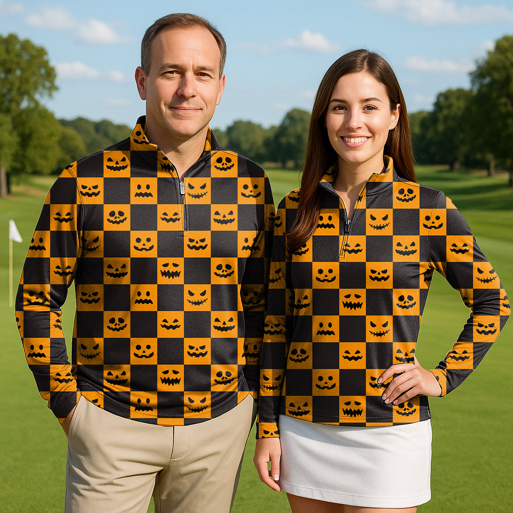 Halloween black and yellow checkerboard pumpkin Couple Golf Active 3/4 Zipper Top Long Sleeves