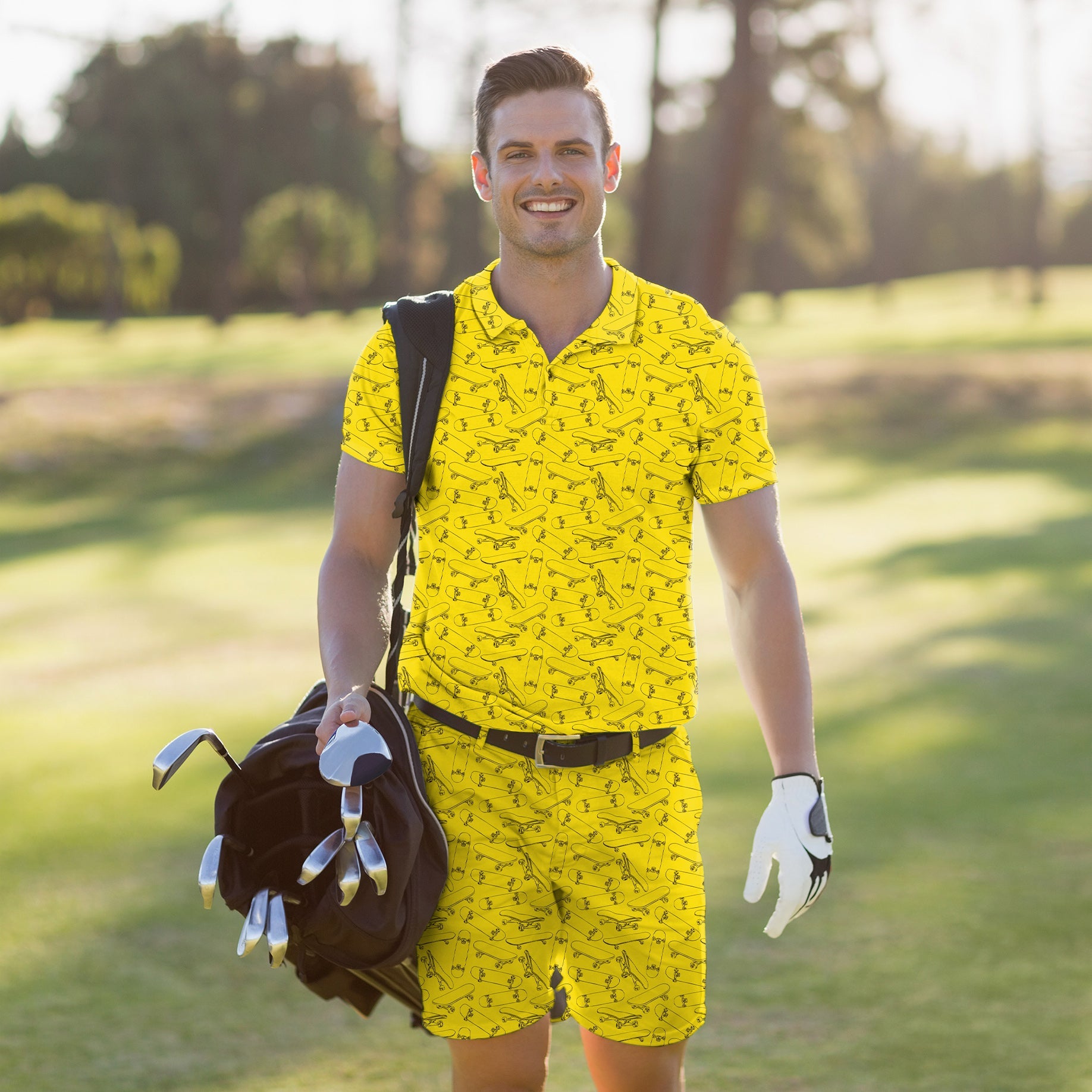 Men's golf set with yellow polo and shorts featuring four-way stretch, moisture-wicking fabric, UPF 40+ protection, and wrinkle resistance.