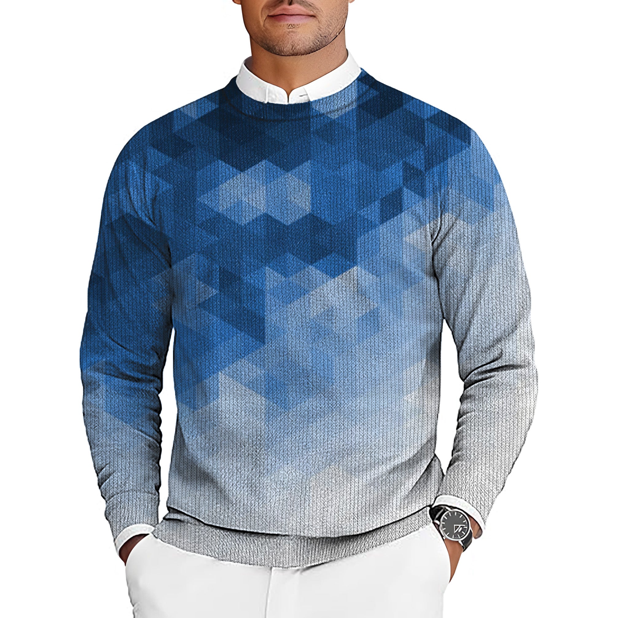 Abstract Blue Background With Triangular Pattern Men's Golf Crewneck Pullover Sweaters Ugly Sweater
