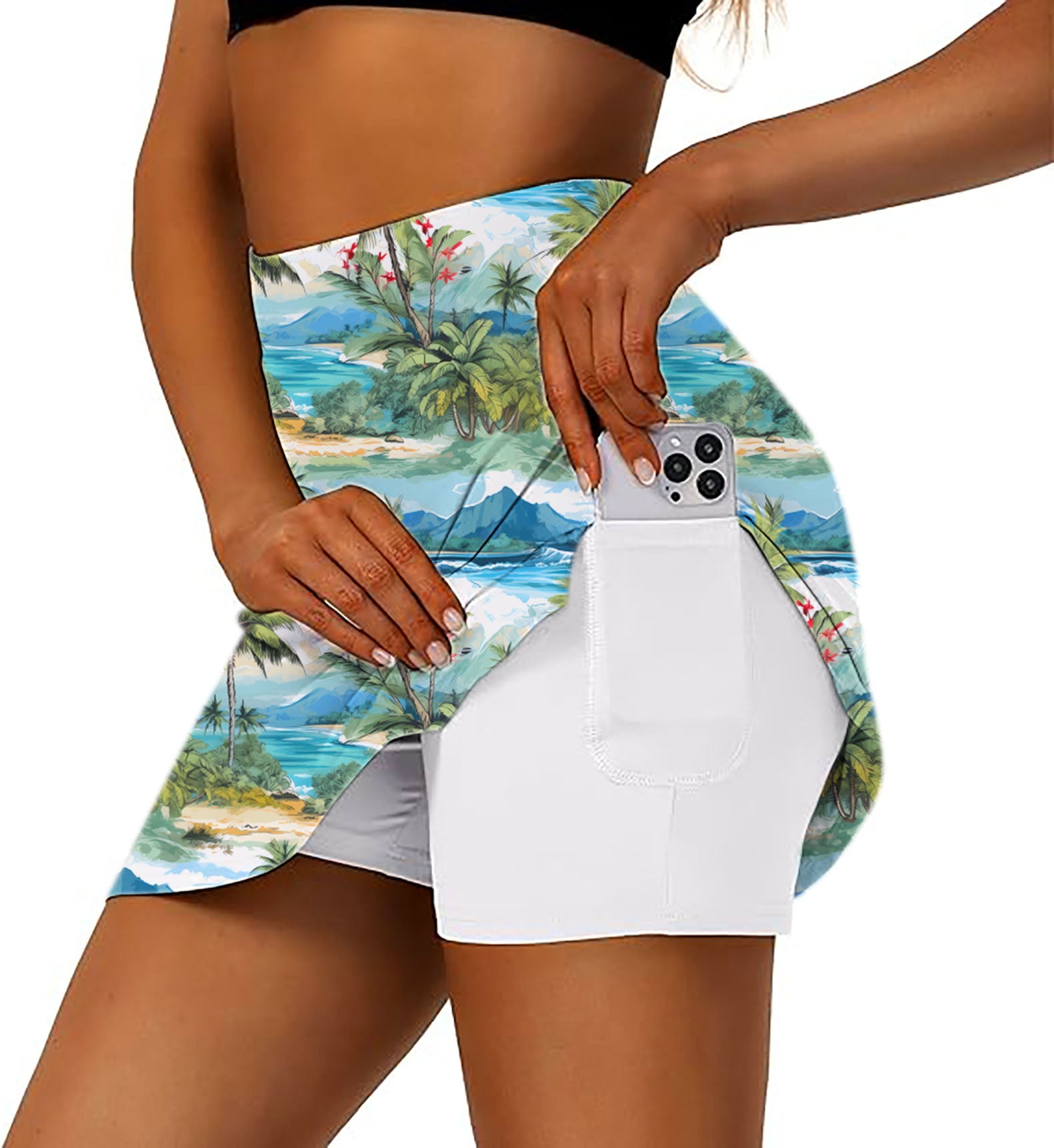 Women’s athletic golf skorts with Hawaii palm tree design and side pocket for phone