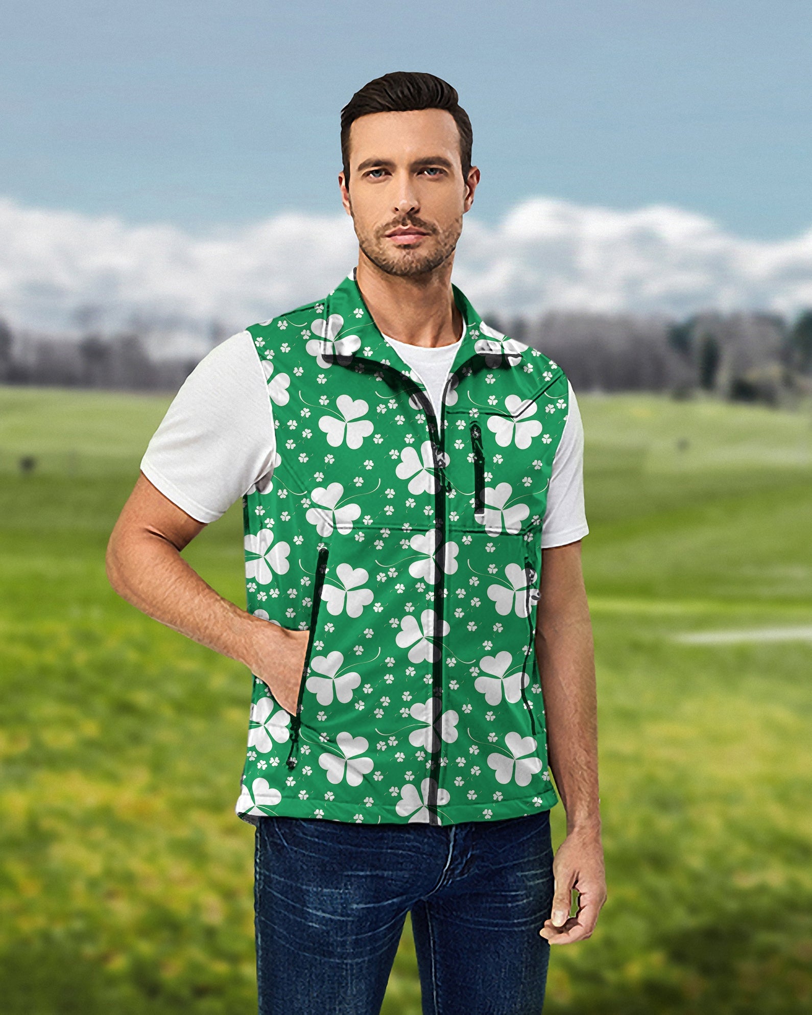 Men's leaf clover sleeveless softshell vest for St. Patrick's Day golf, windproof and waterproof jacket