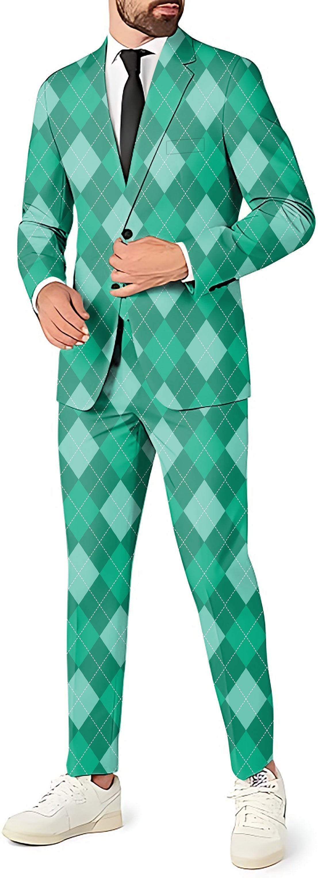 Men's green argyle 3-piece suit with blazer, vest, and pants for theme parties and events