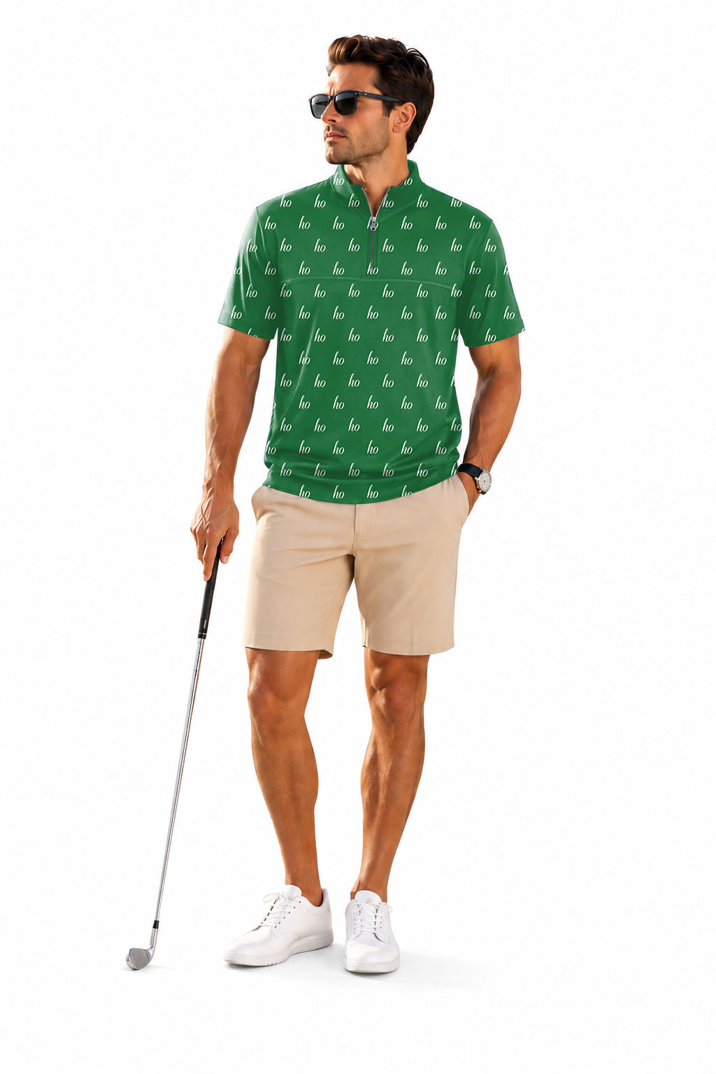 Men's Short Sleeve Quarter Zip Golf Pullover Green Custom Name Christmas Embroidery
