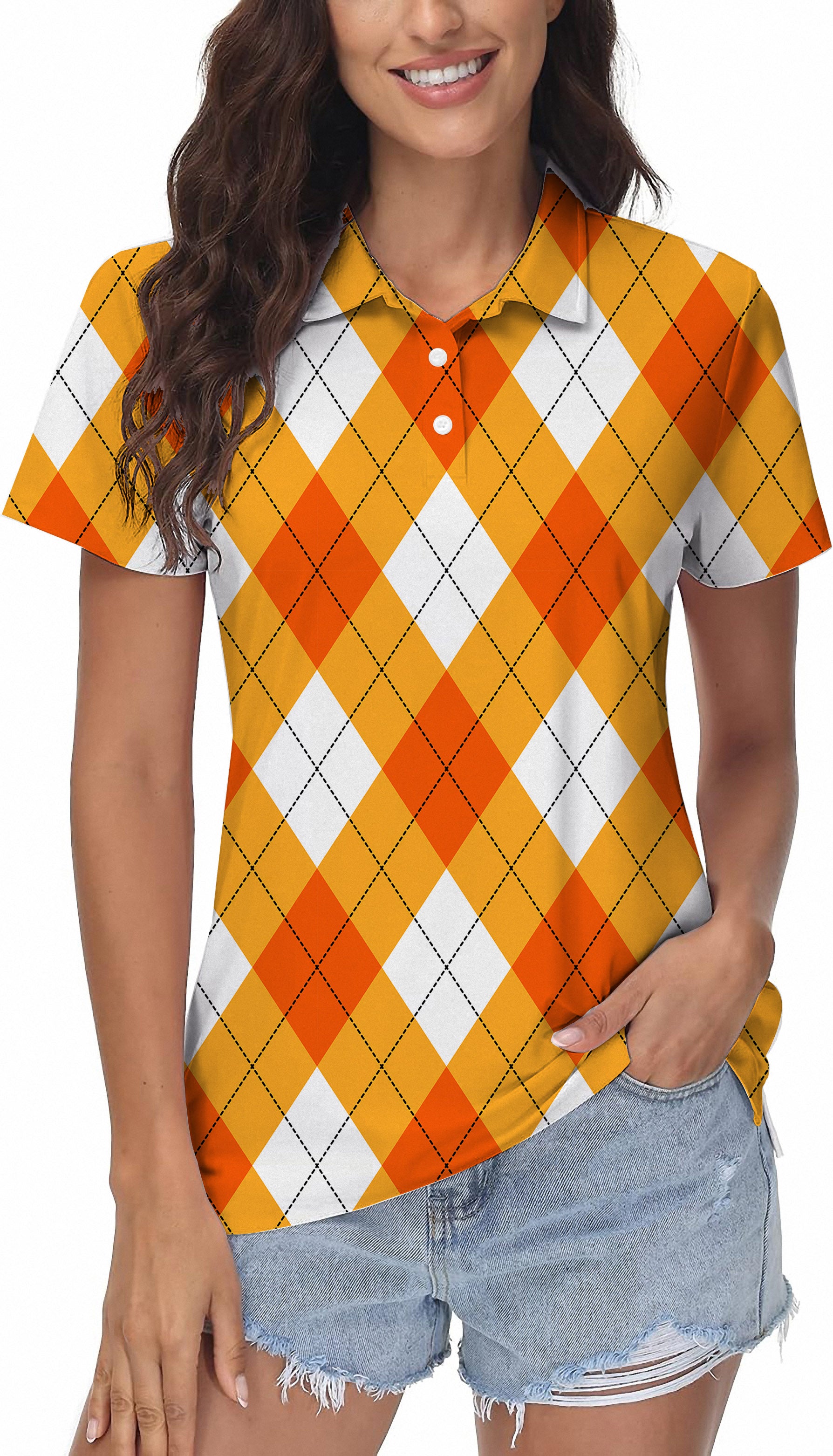 Halloween Cross Orange White Argyle Women's Golf Polo