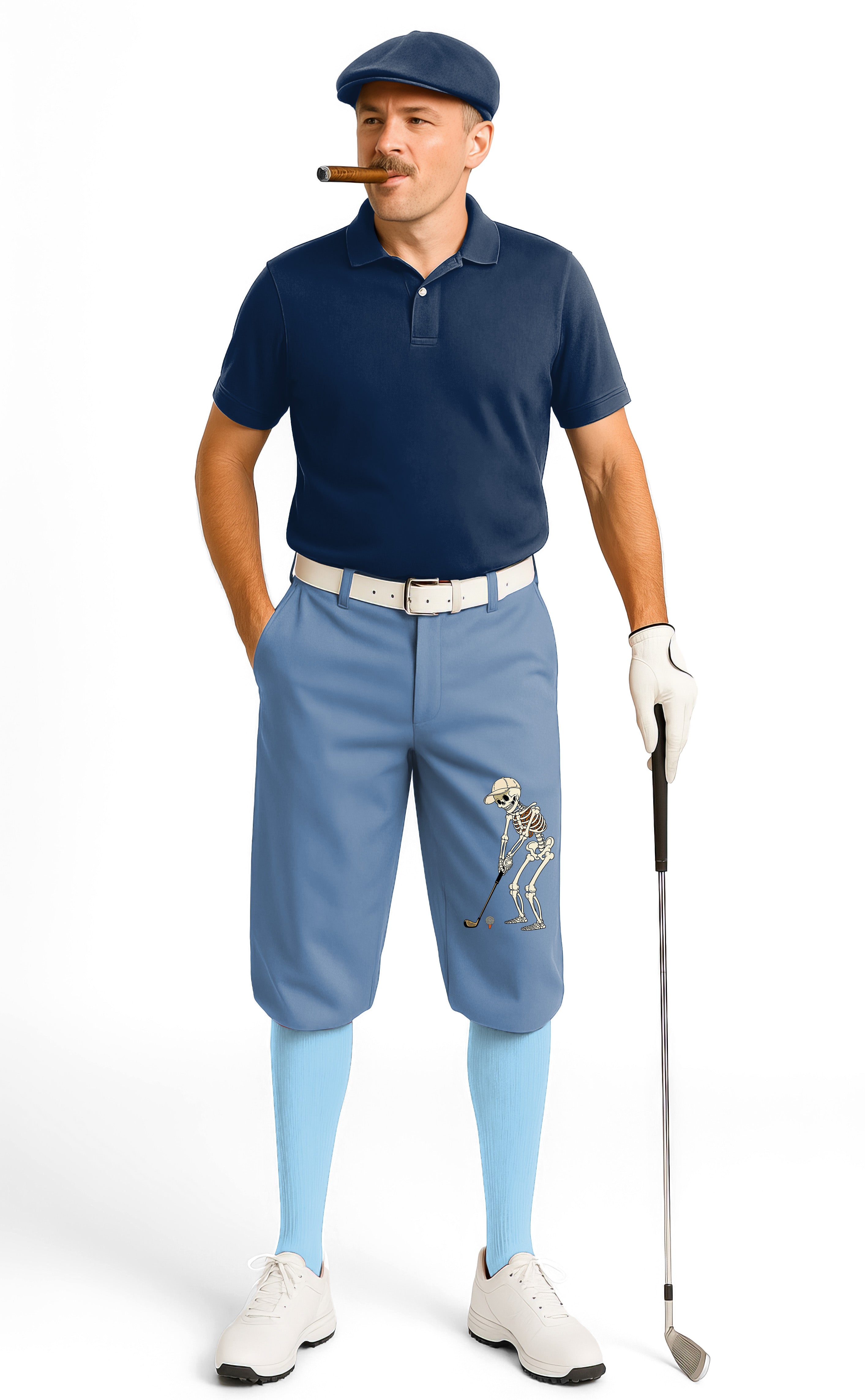 Man wearing white royal blue Halloween skeleton golf knickers with ankle cuffs and golf glove holding clubWhite royal blue men's Halloween skeleton golf knickers pants with adjustable velcro and soft performance fabric