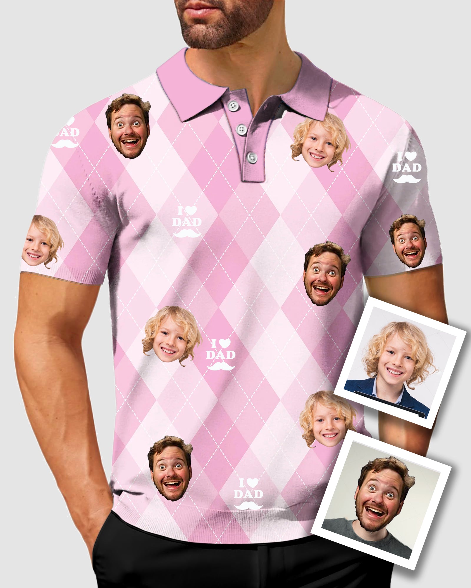 Men's To My Dad Custom Face Pink Argyle Men's Golf Polo Father's Day Gift Polo